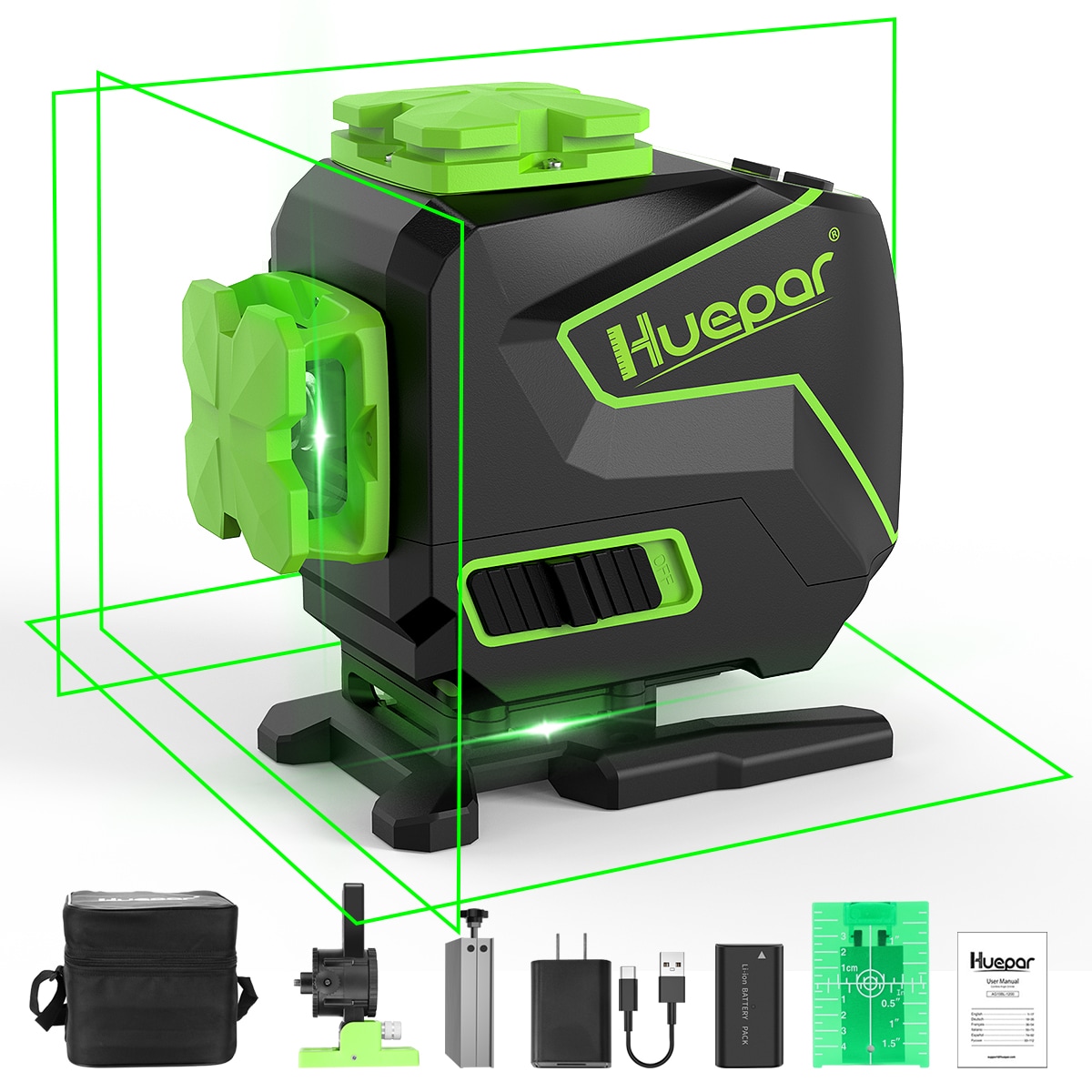 Nivel láser de línea cruzada autonivelante de 360 grados verde de 200 pies Huepar S03DG-L