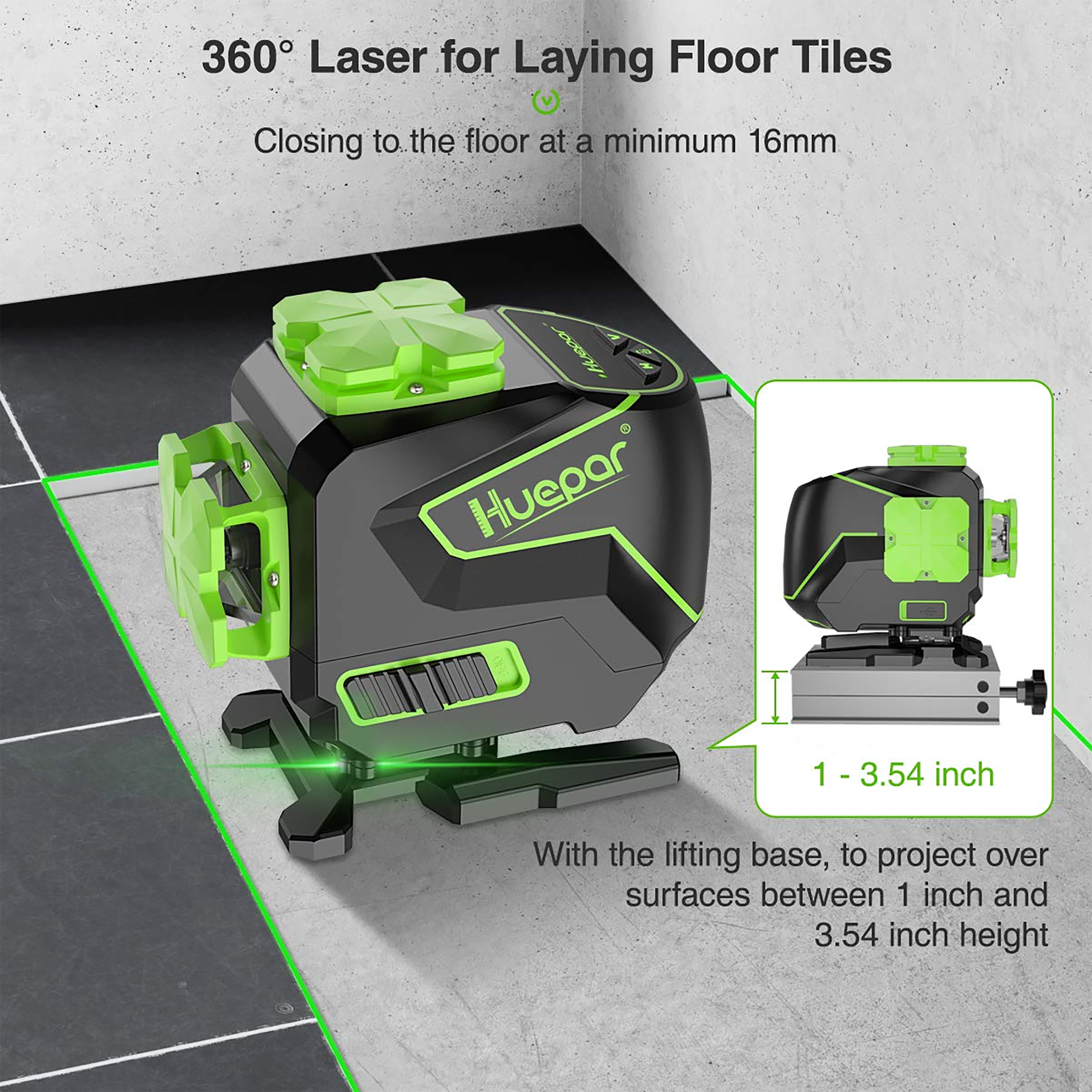 Nivel láser de línea cruzada autonivelante de 360 grados verde de 200 pies Huepar S03DG-L