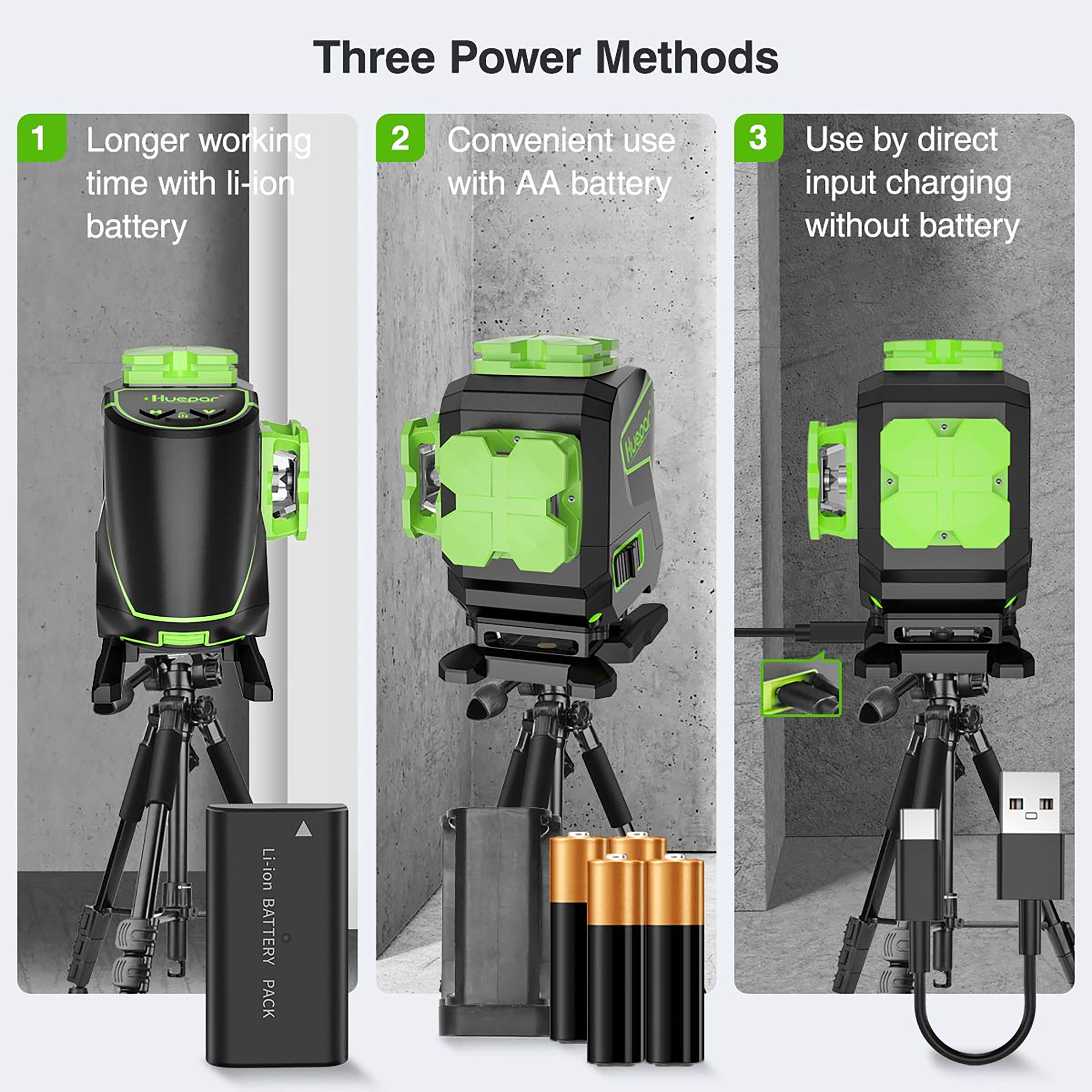 Nivel láser de línea cruzada autonivelante de 360 grados verde de 200 pies Huepar S03DG-L