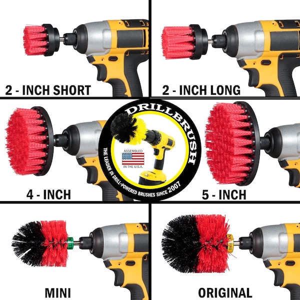 Cepillo de Taladro Power Scrubber de Useful Products 7 pulgadas de ancho, 5 pulgadas de largo, Rojo - R-542OMS-2L-QC-DB