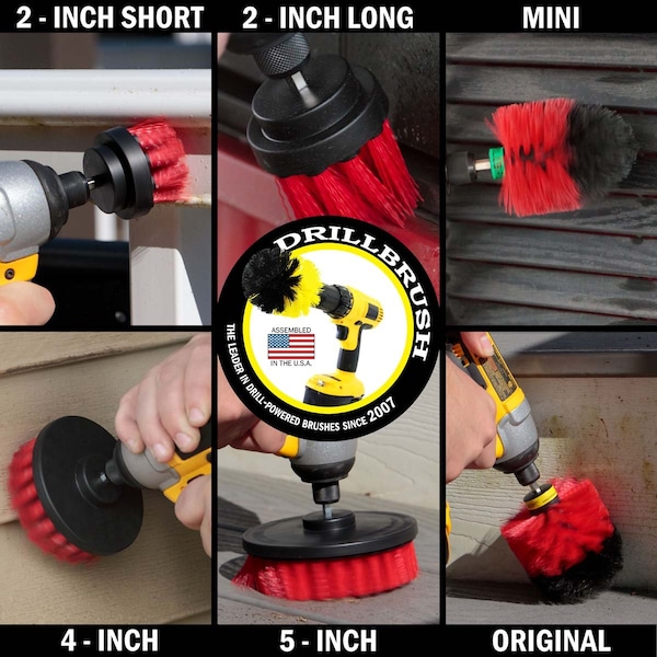 Cepillo de Taladro Power Scrubber de Useful Products 7 pulgadas de ancho, 5 pulgadas de largo, Rojo - R-542OMS-2L-QC-DB
