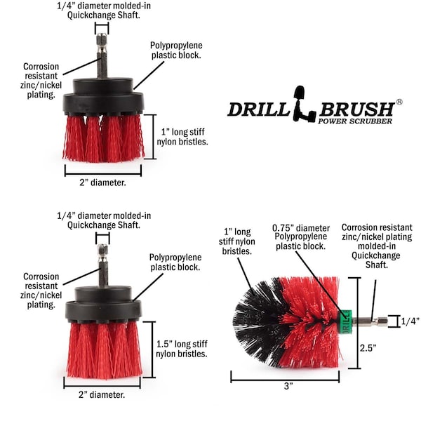 Cepillo de Taladro Power Scrubber de Useful Products 7 pulgadas de ancho, 5 pulgadas de largo, Rojo - R-542OMS-2L-QC-DB