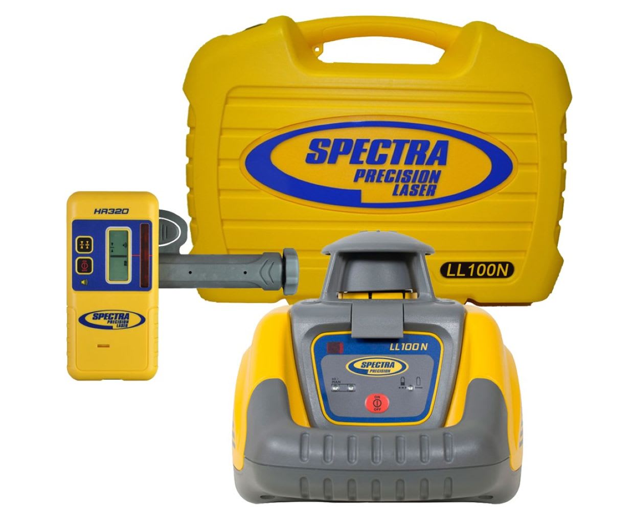 Nivel láser Spectra Precision LL100N con receptor HR320, abrazadera de varilla C59, baterías alcalinas y estuche amarillo LL100N-NC.