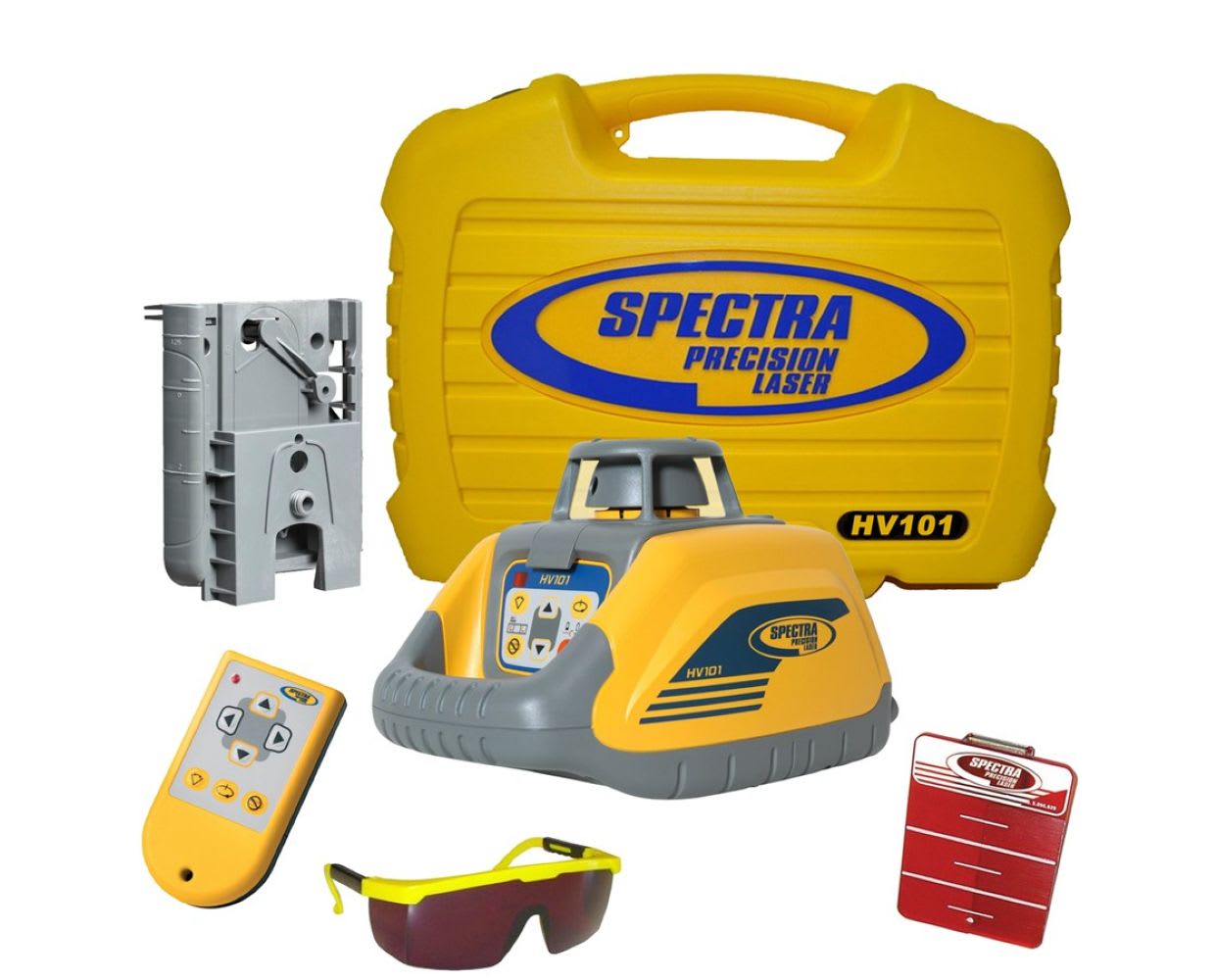 Nivel láser de construcción multipropósito Spectra Precision Spectra HV101 con control remoto RC601, montaje en pared, lentes láser y estuche resistente. 369558-NC