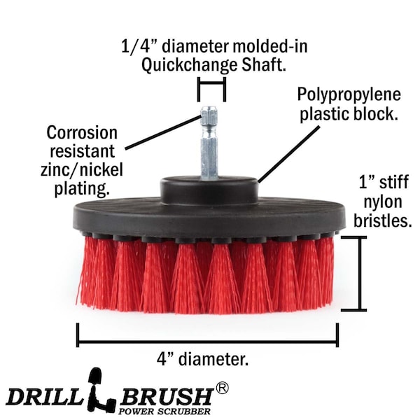 Cepillo para Taladro Power Scrubber de Useful Products 4 pulgadas ancho 4 pulgadas largo, Rojo - 4IN-LIM-RED-SHORT-QC