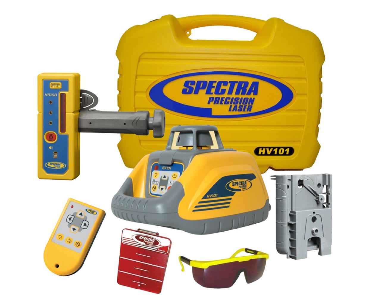 Nivel láser de construcción multipropósito Spectra Precision HV101-4 con kit de nivelación, receptor remoto RC601, montura de pared HR150U, baterías alcalinas, lentes de seguridad y estuche resistente 369559-NC.