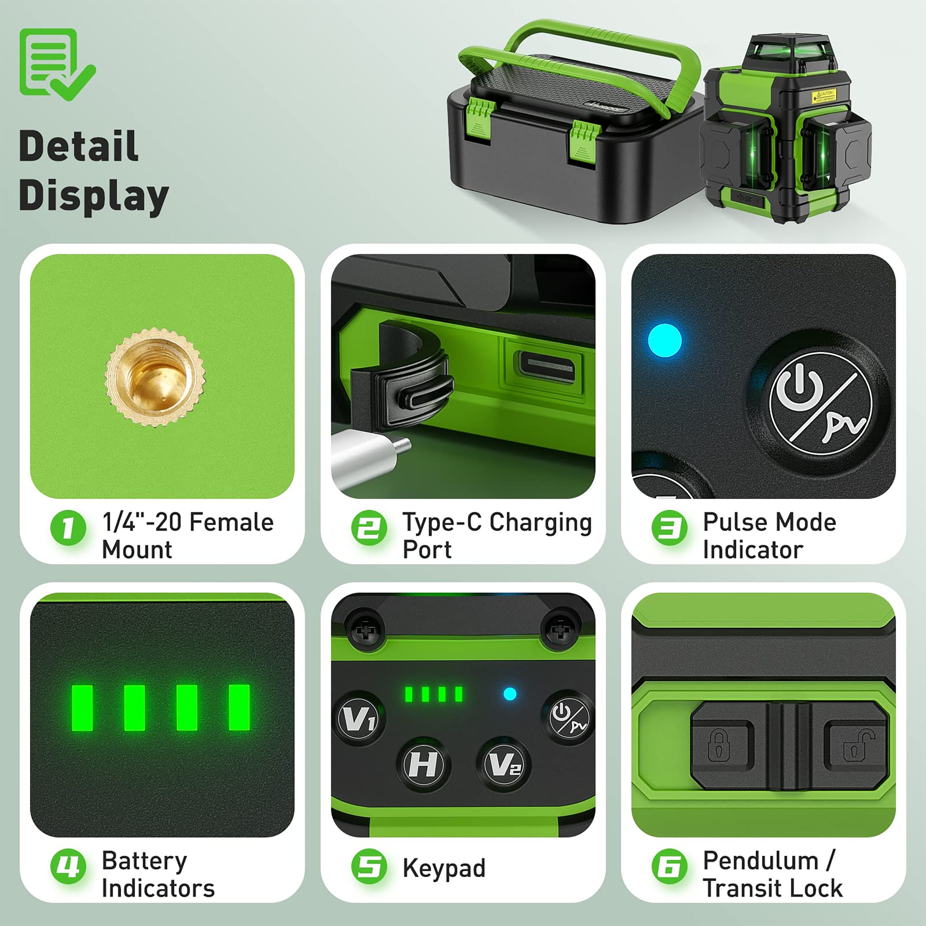 Nivel láser cruzado autonivelante de 360 grados verde de Huepar con alcance de 200 pies HM03CG