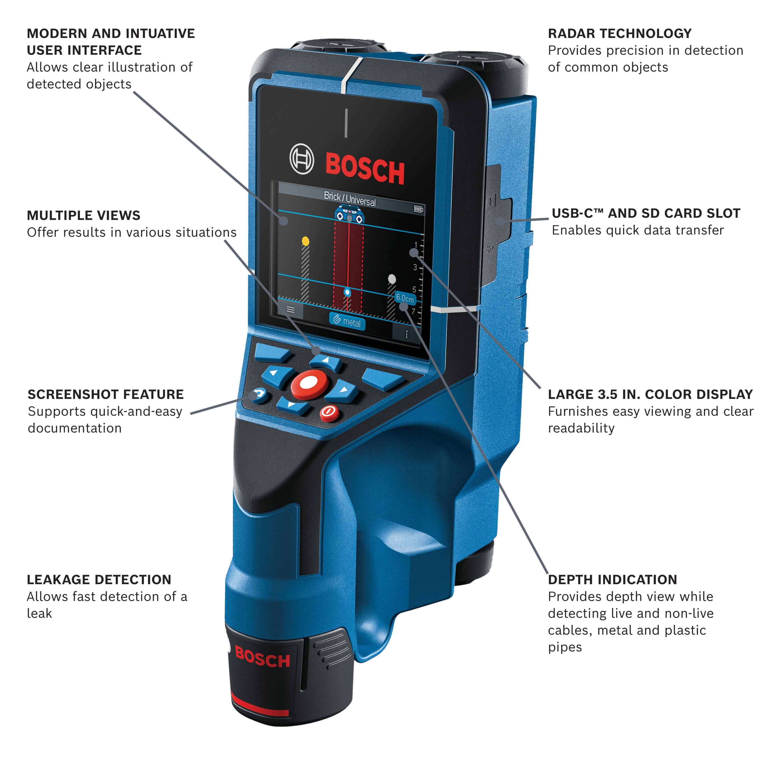 Localizador de metal/madera/eléctrico Bosch 12V Max D-TECT200C con profundidad de escaneo de 7.9 pulgadas