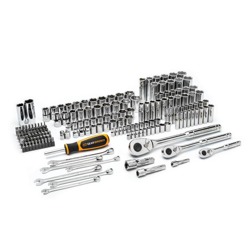 Juego de herramientas manuales para mecánicos GEARWRENCH de 1/4 pulg. x 3/8 pulg. x 1/2 pulg. SAE/MM (185 piezas) - GW72MCBMTS