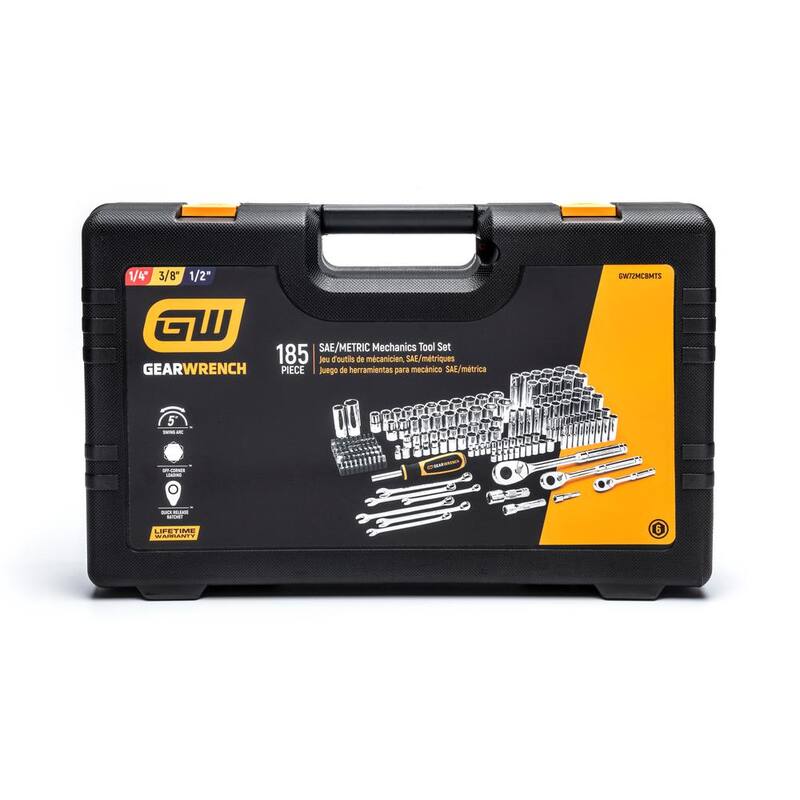 Juego de herramientas manuales para mecánicos GEARWRENCH de 1/4 pulg. x 3/8 pulg. x 1/2 pulg. SAE/MM (185 piezas) - GW72MCBMTS