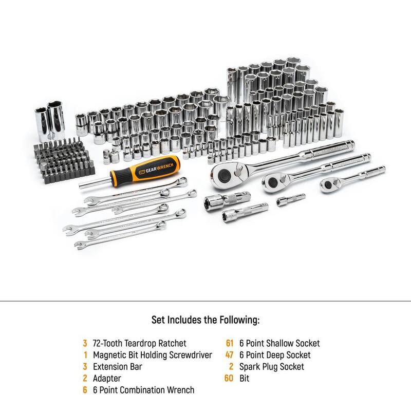 Juego de herramientas manuales para mecánicos GEARWRENCH de 1/4 pulg. x 3/8 pulg. x 1/2 pulg. SAE/MM (185 piezas) - GW72MCBMTS