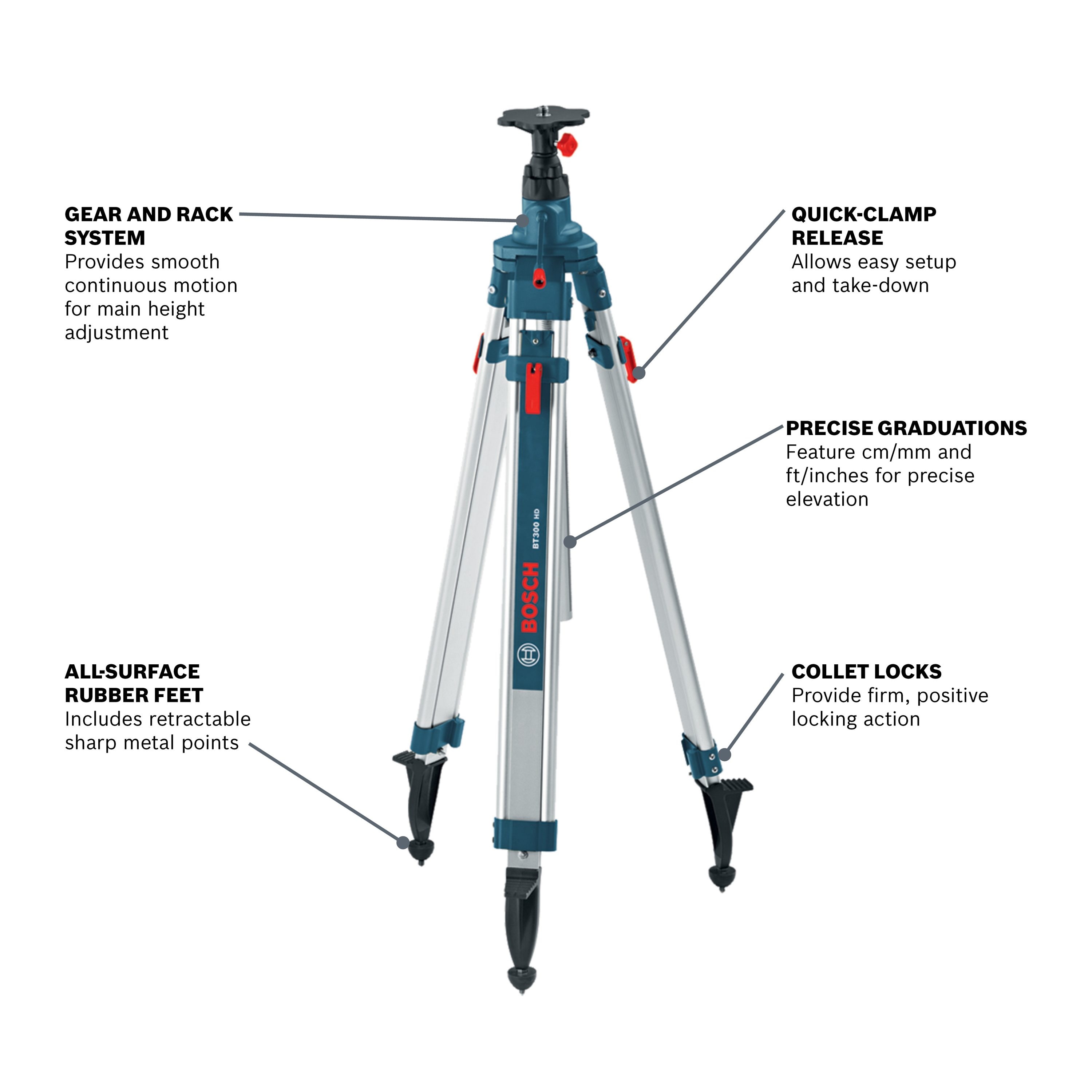 Trípode de Aluminio Extensible Bosch de 110 pulgadas con Sistema de Engranajes Metálicos BT300HD