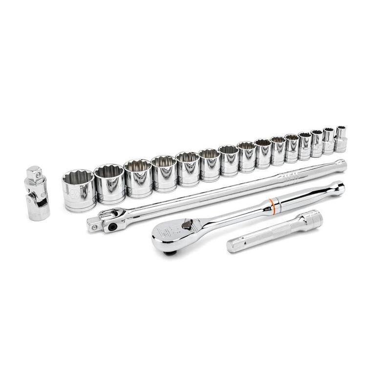 Juego de herramientas para mecánicos GEARWRENCH 1/2 pulgadas de 12 puntos Estándar SAE con 90 dientes con estuche (19 piezas) - 80792