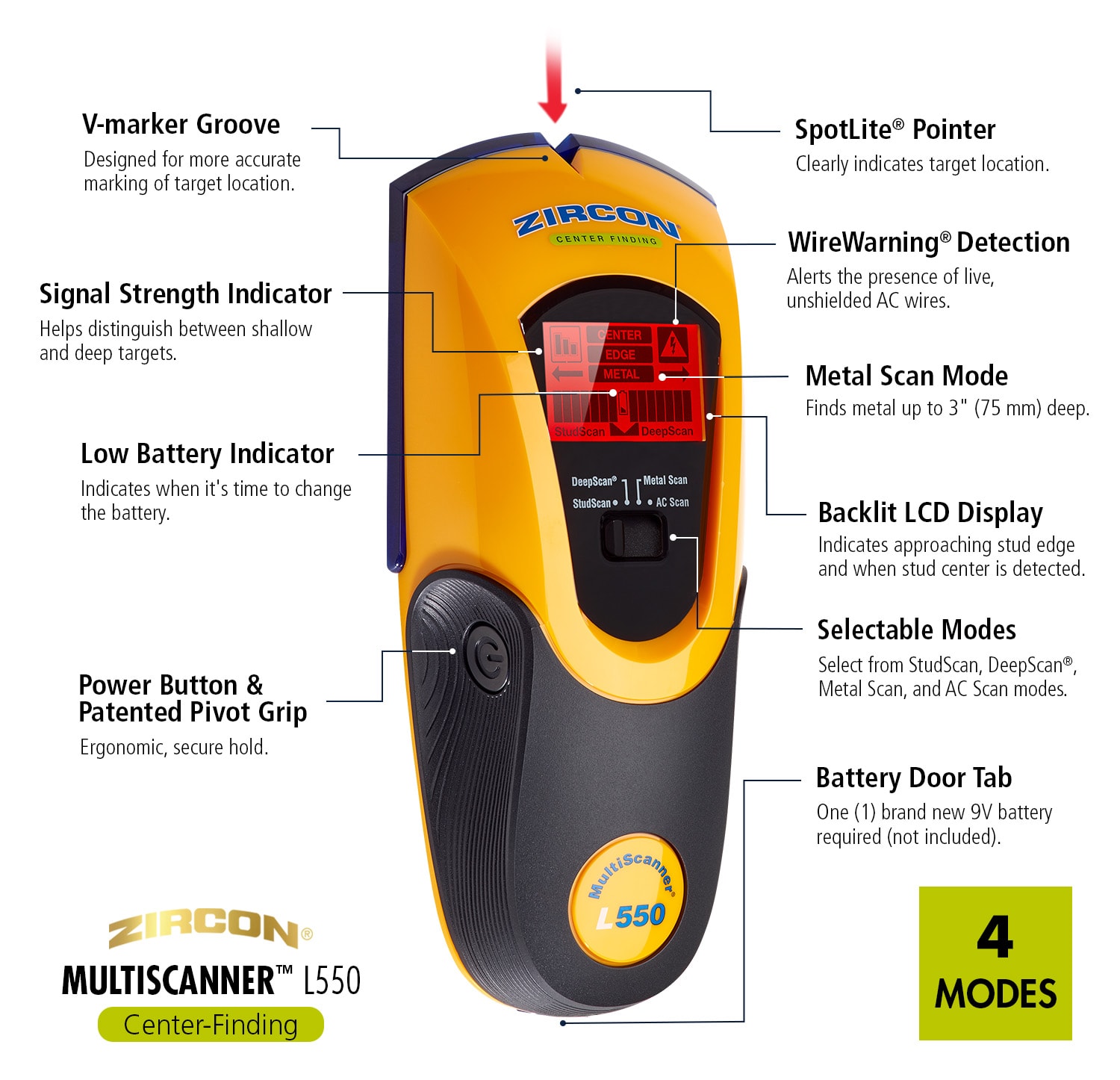 Localizador de montantes de metal y madera Zircon con profundidad de escaneo de 1.5 pulgadas, modelo 66226