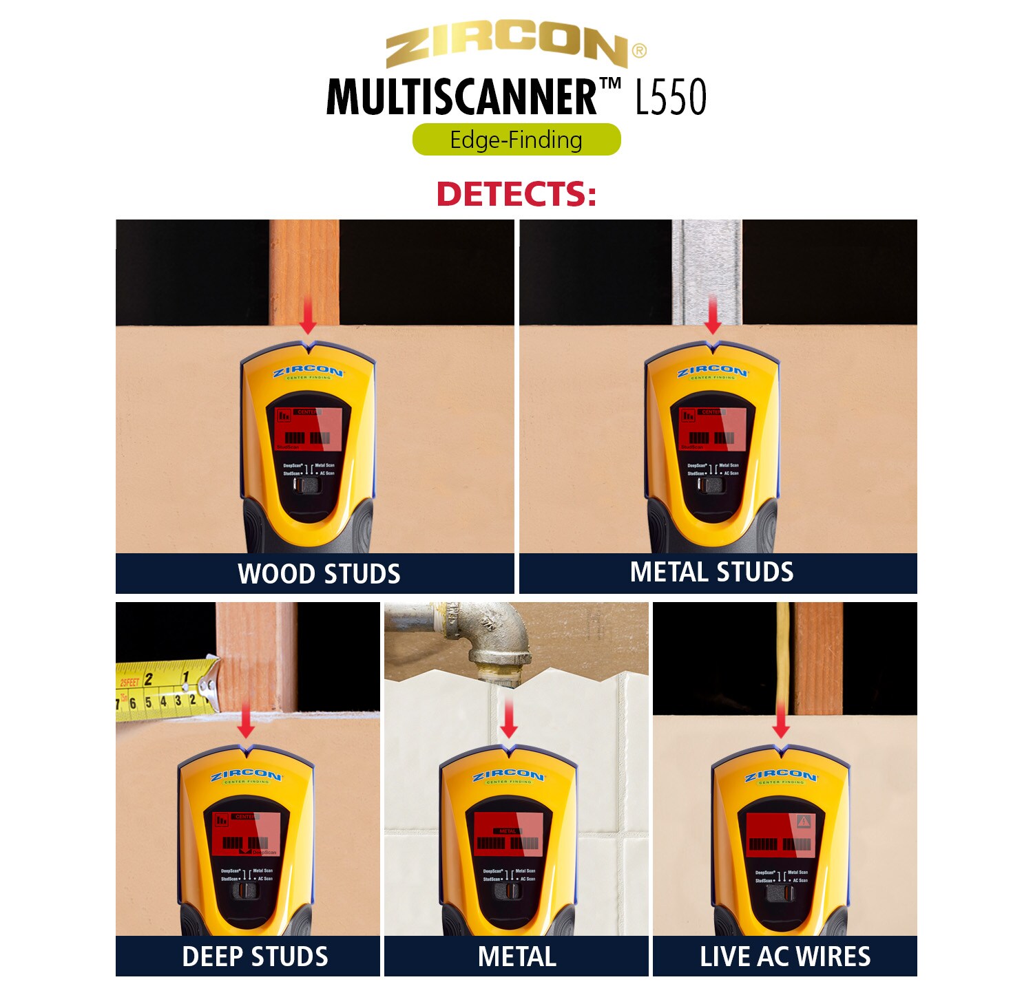 Localizador de montantes de metal y madera Zircon con profundidad de escaneo de 1.5 pulgadas, modelo 66226