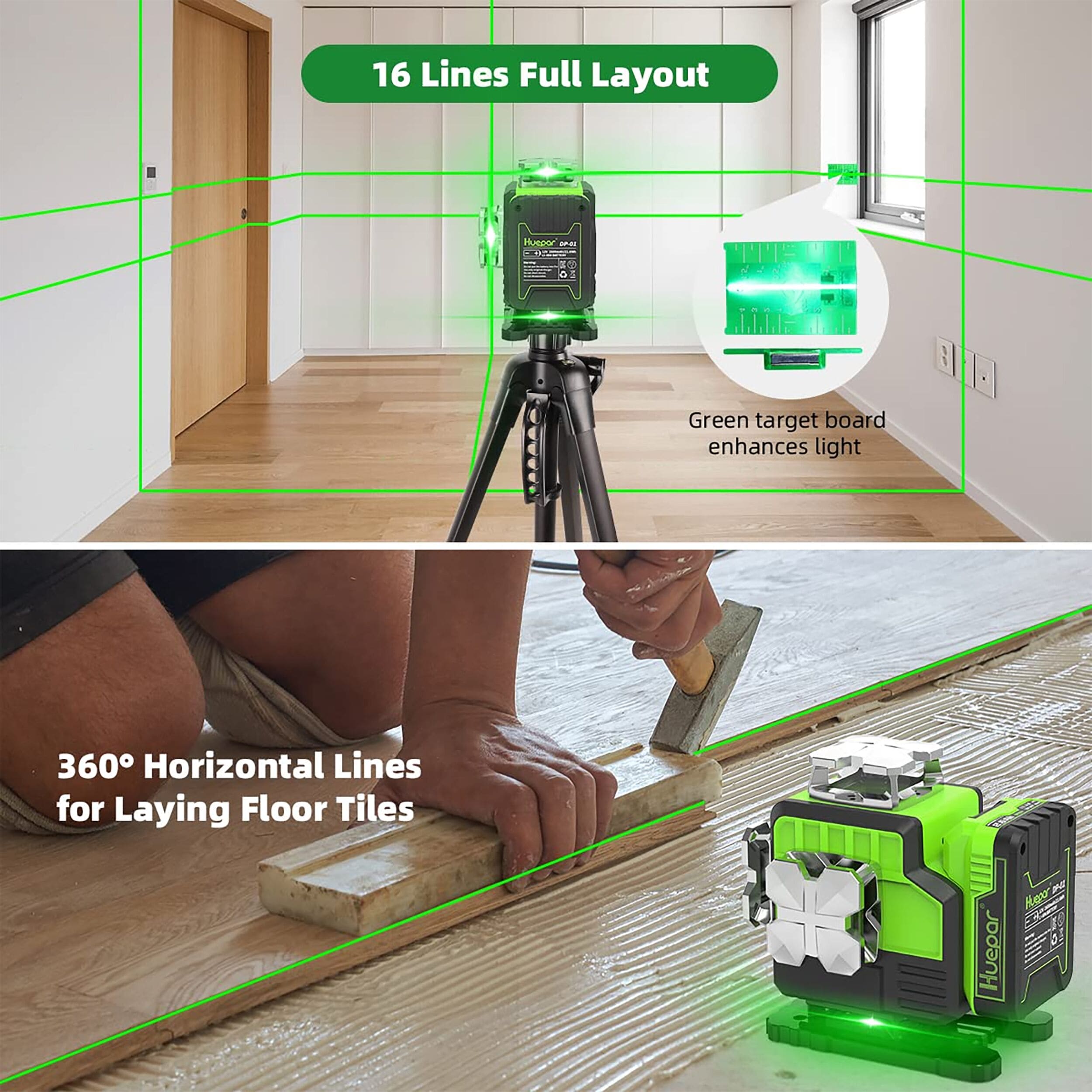 Nivel láser de líneas cruzadas autonivelante Huepar de 360 grados verde de 200 pies P04CG