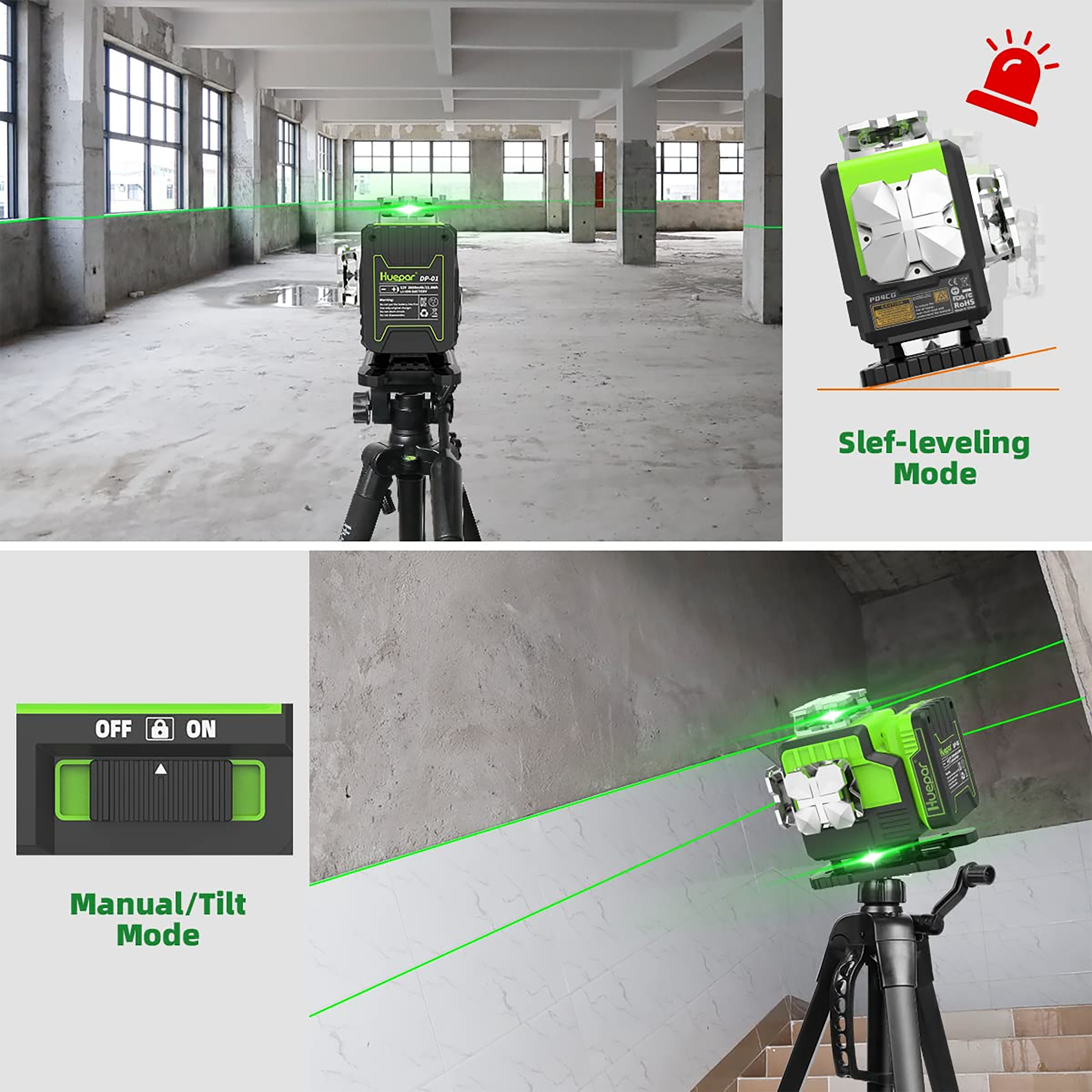 Nivel láser de líneas cruzadas autonivelante Huepar de 360 grados verde de 200 pies P04CG