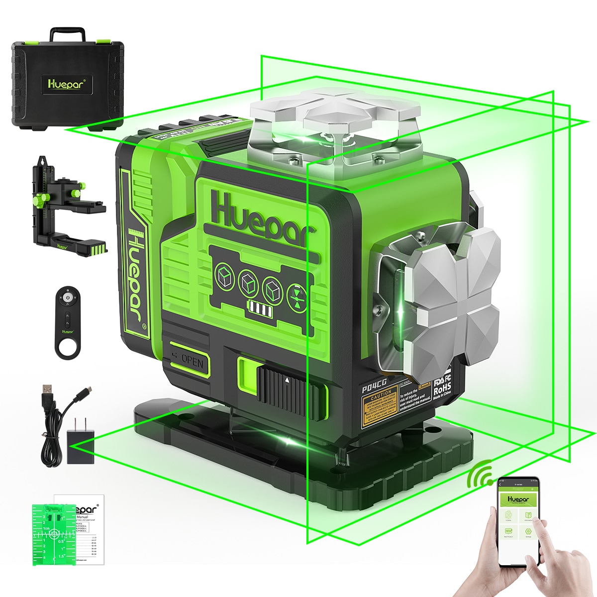 Nivel láser de líneas cruzadas autonivelante Huepar de 360 grados verde de 200 pies P04CG