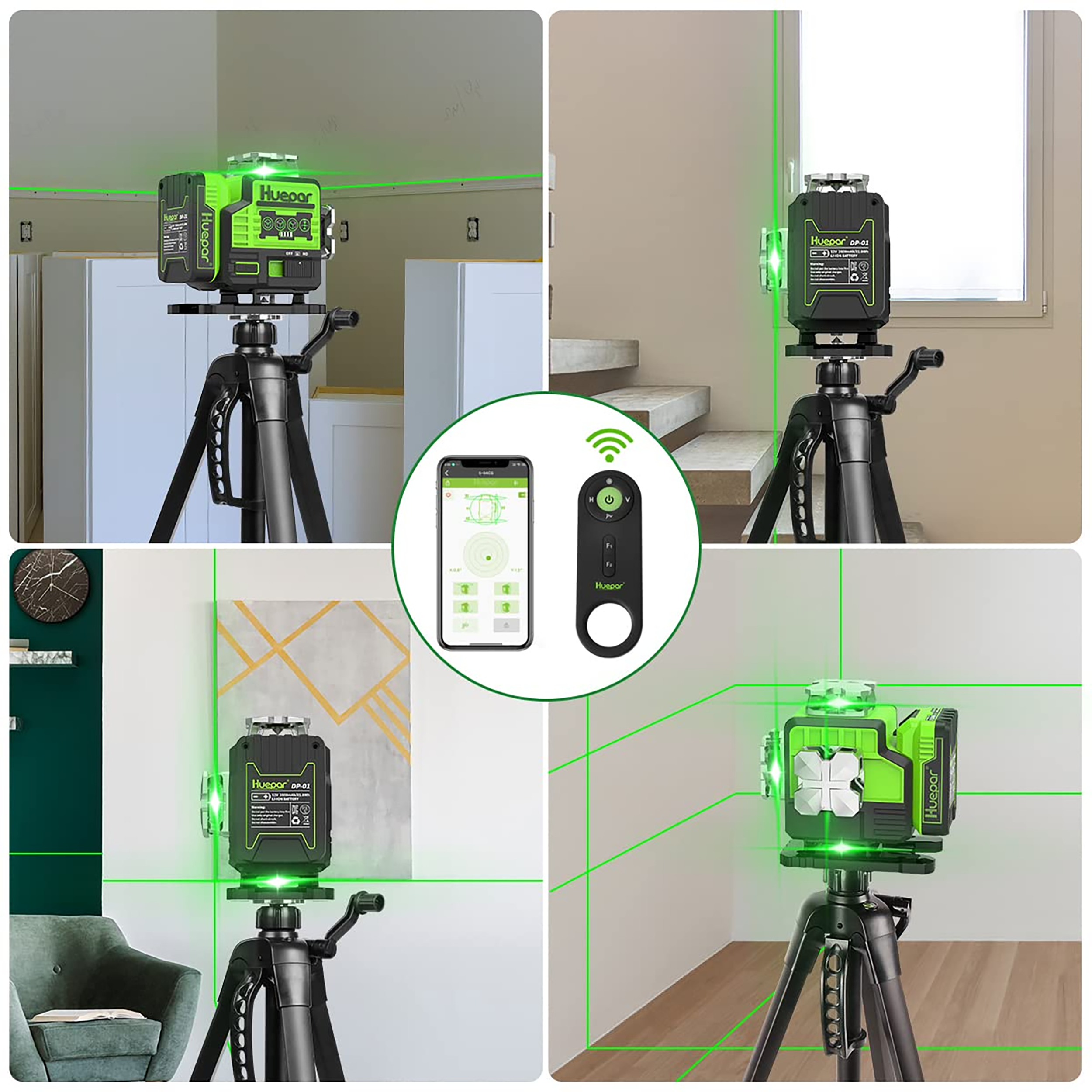 Nivel láser de líneas cruzadas autonivelante Huepar de 360 grados verde de 200 pies P04CG
