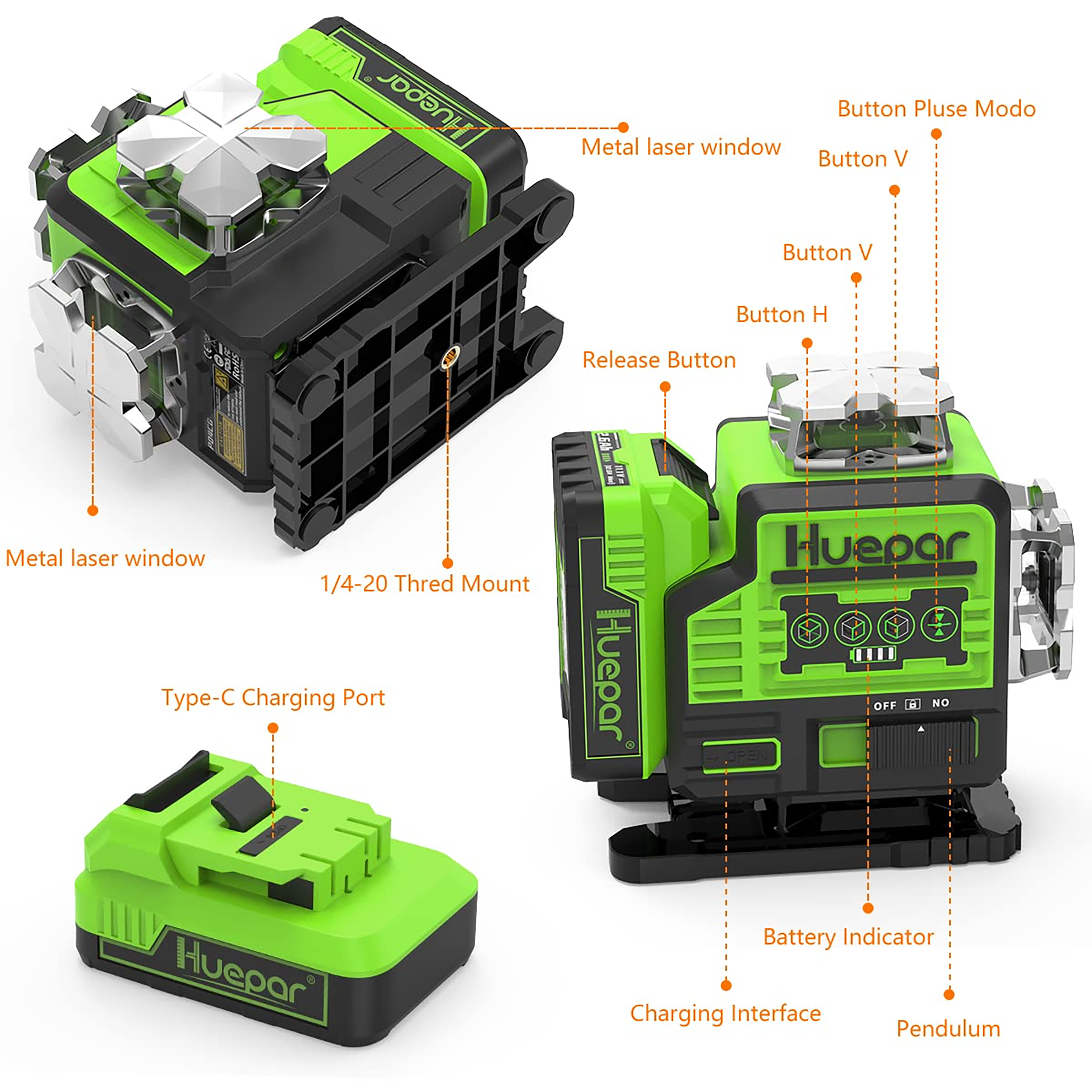 Nivel láser de líneas cruzadas autonivelante Huepar de 360 grados verde de 200 pies P04CG