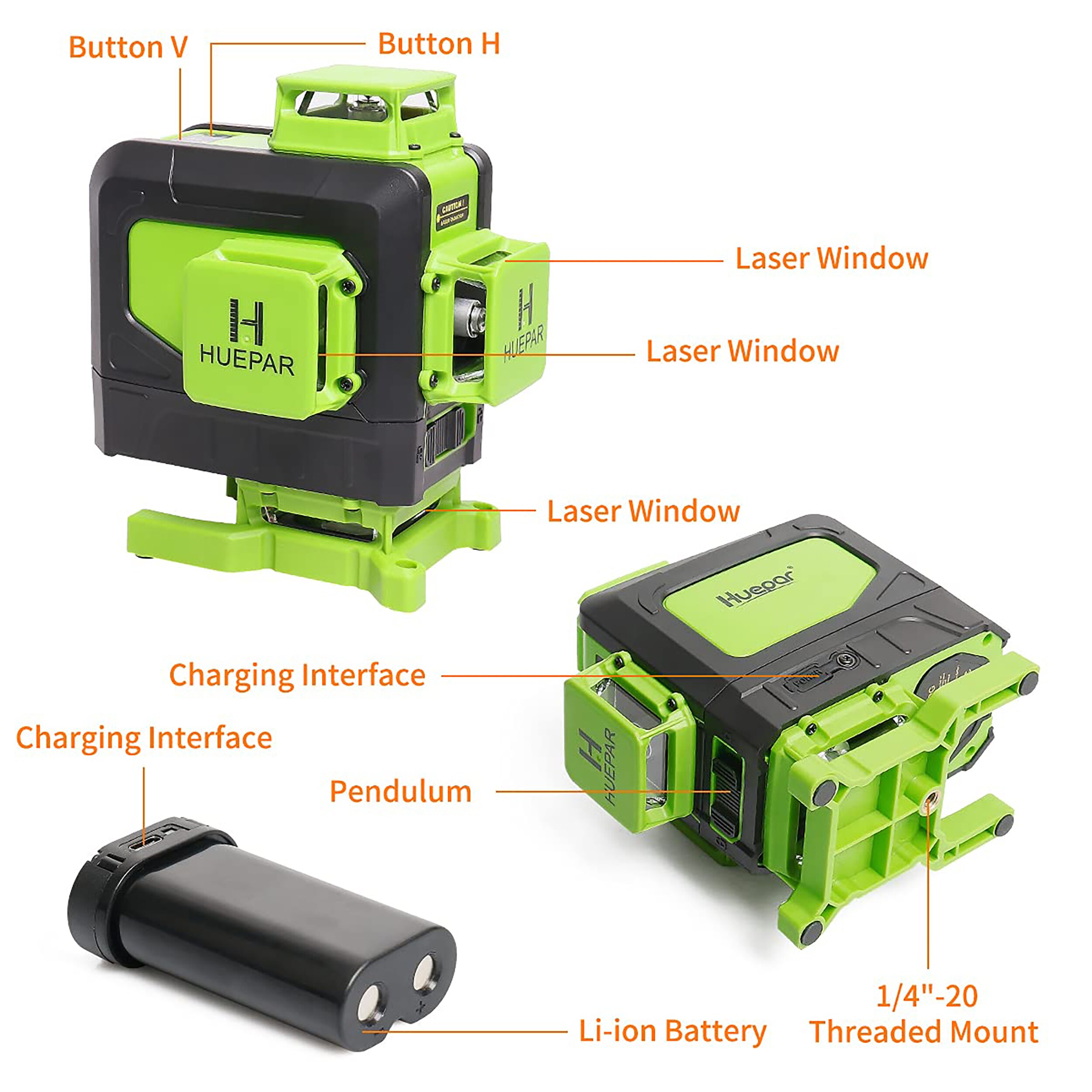 Nivel láser de líneas cruzadas autonivelante de 360 grados verde de 200 pies Huepar 904DG