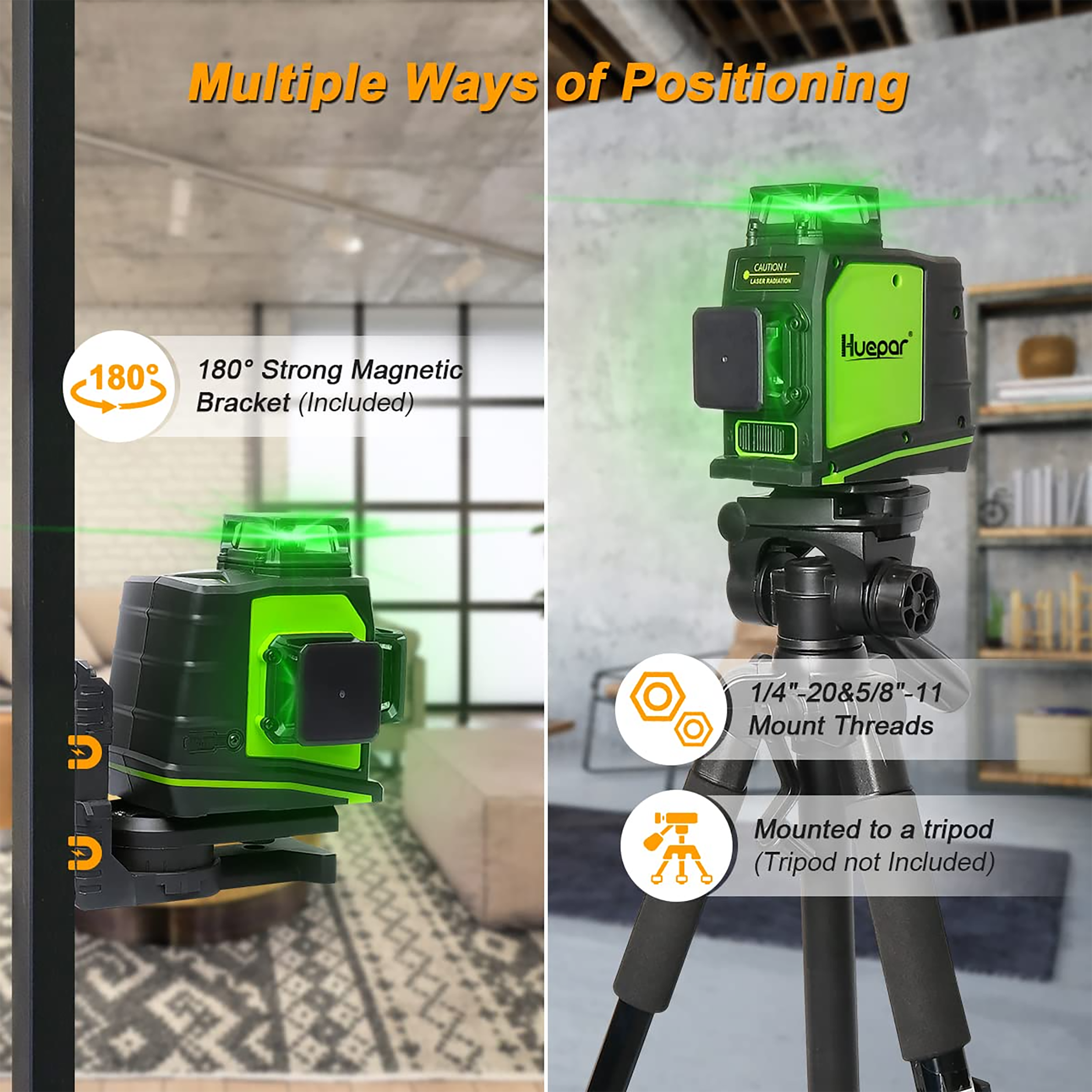 Nivel láser de líneas cruzadas autonivelante de 360 grados verde de Huepar con alcance de 200 pies GF360G