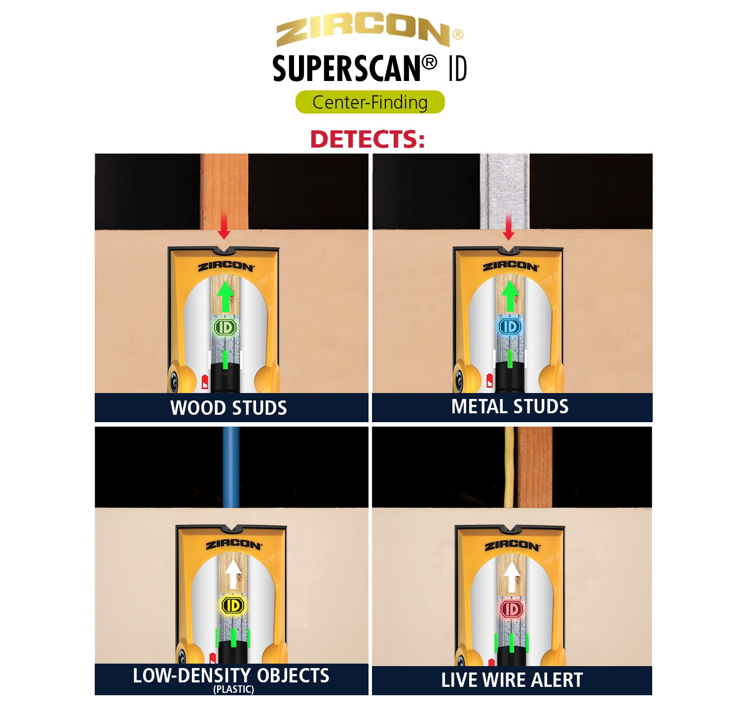 Detector de montantes metálicos y de madera Zircon SuperScan con 1.5 pulgadas de profundidad de escaneo, modelo 74128