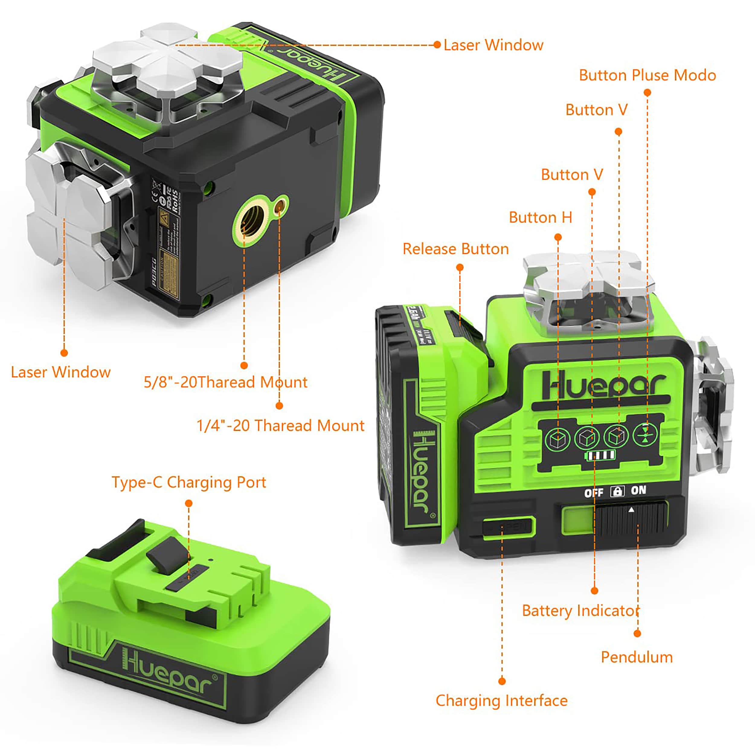 Nivel láser de líneas cruzadas autonivelante Huepar 360 grados verde de 200 pies P03CG