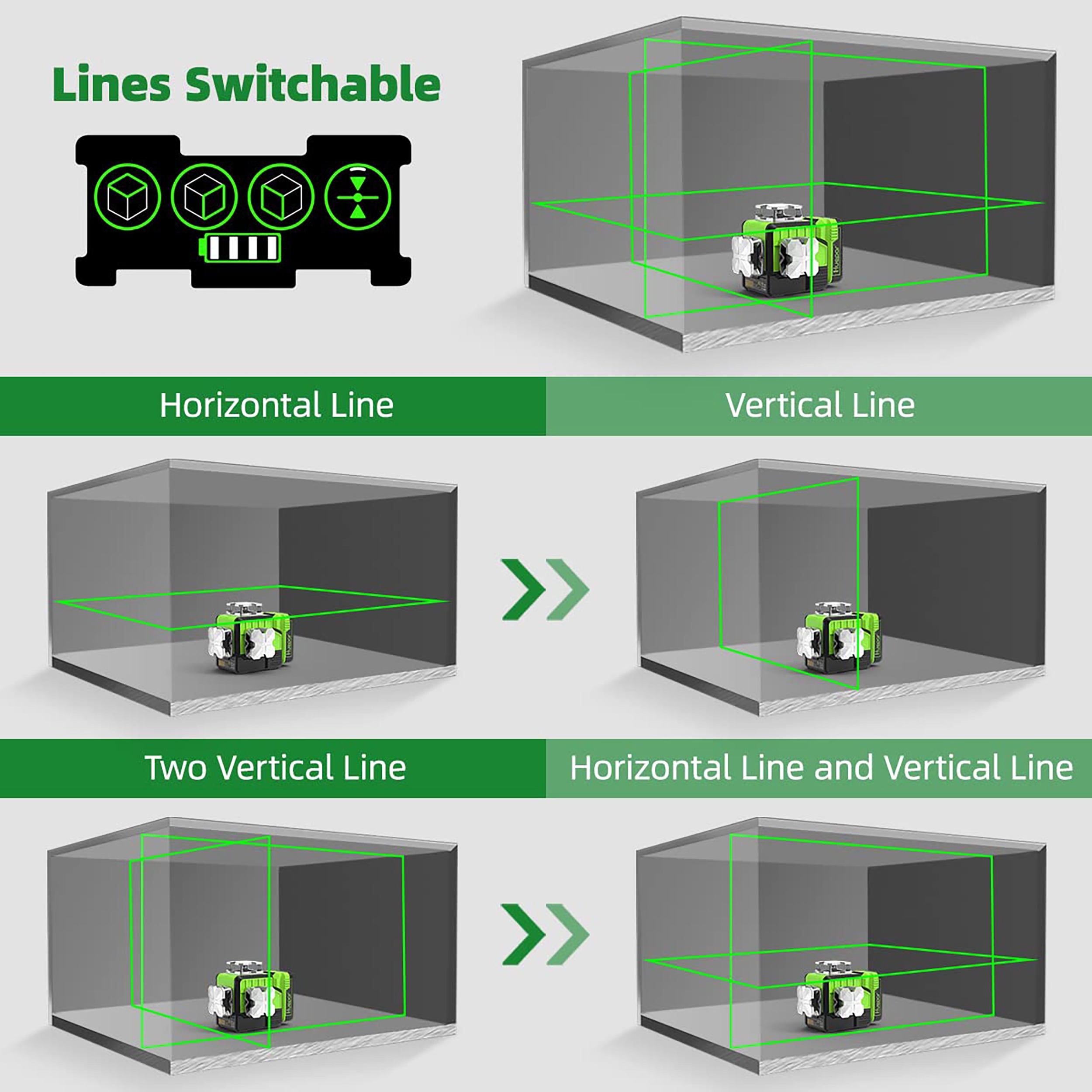 Nivel láser de líneas cruzadas autonivelante Huepar 360 grados verde de 200 pies P03CG
