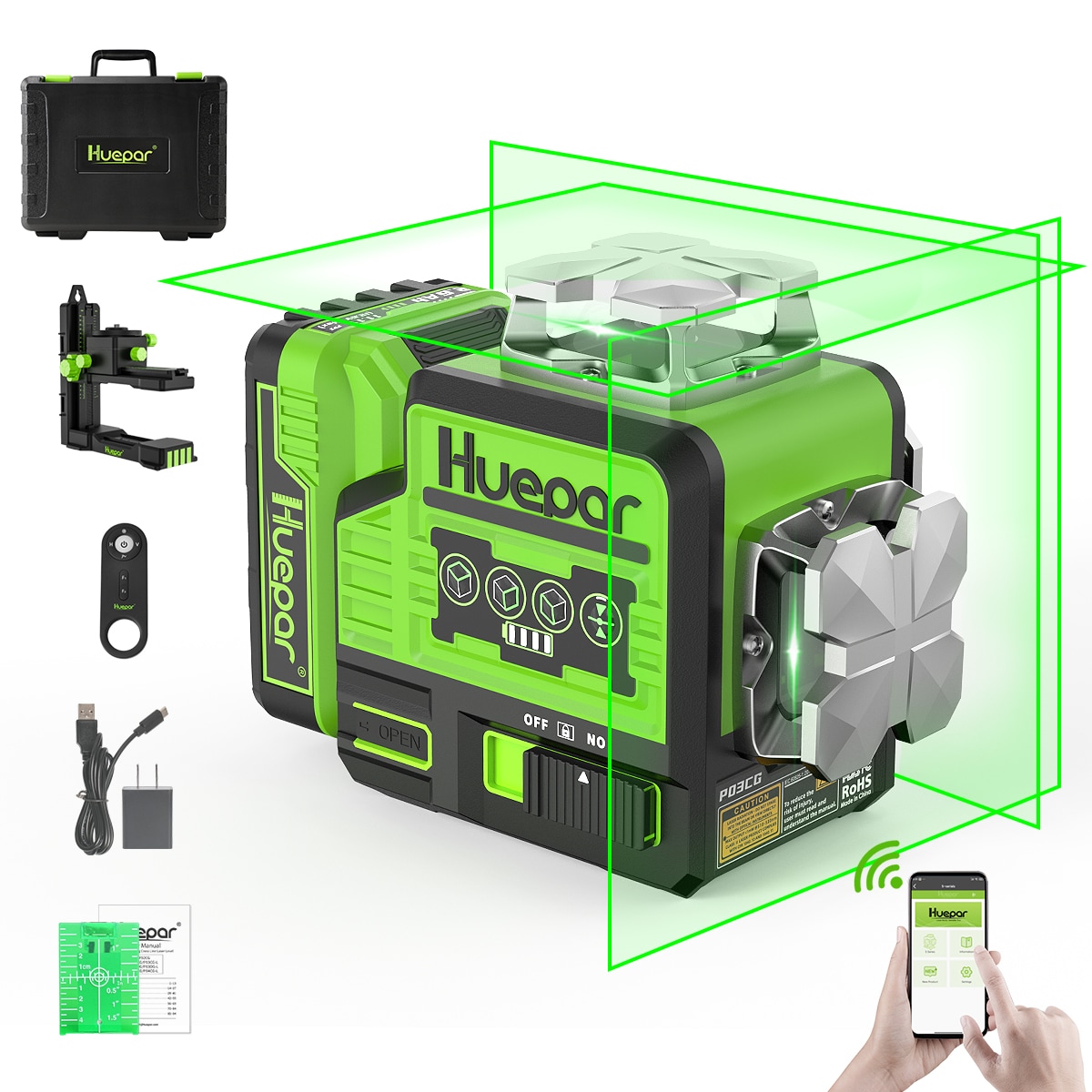 Nivel láser de líneas cruzadas autonivelante Huepar 360 grados verde de 200 pies P03CG