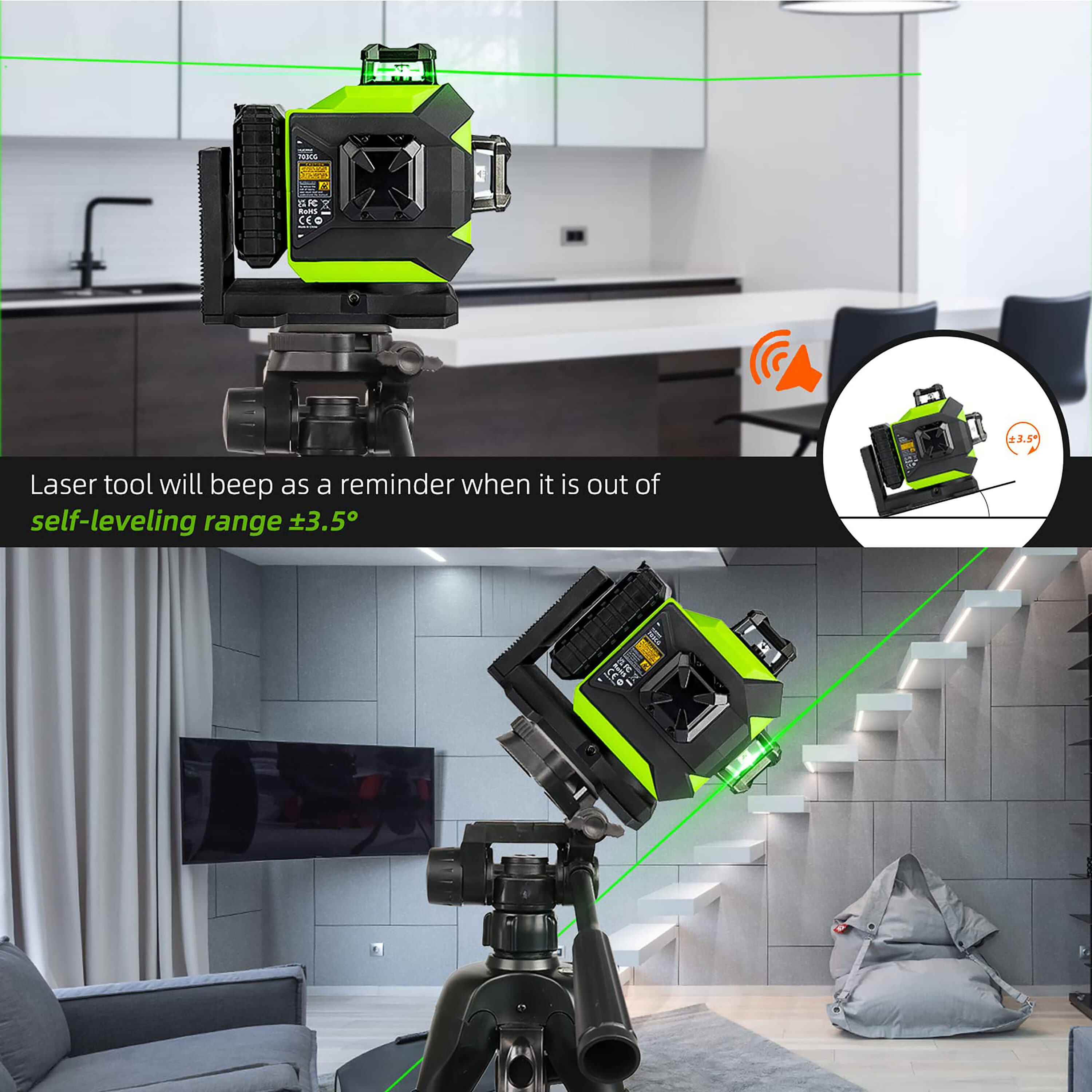 Nivel láser de líneas cruzadas autorregulable Huepar 703CG de 360 grados con alcance de 197 pies en color verde.