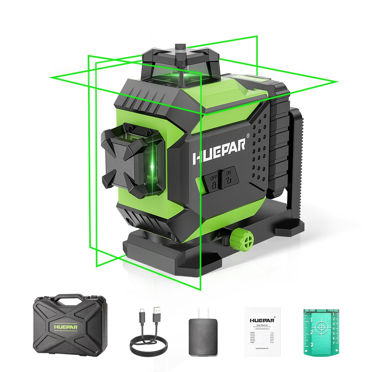 Nivel láser de líneas cruzadas autorregulable Huepar 703CG de 360 grados con alcance de 197 pies en color verde.