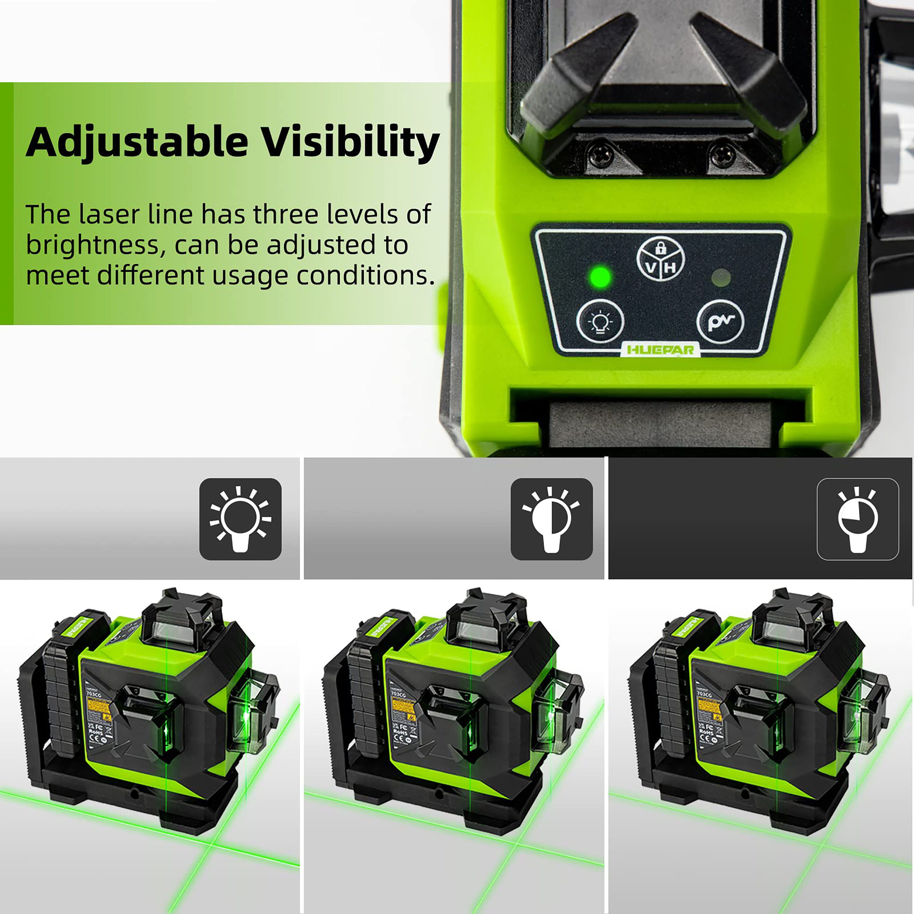Nivel láser de líneas cruzadas autorregulable Huepar 703CG de 360 grados con alcance de 197 pies en color verde.