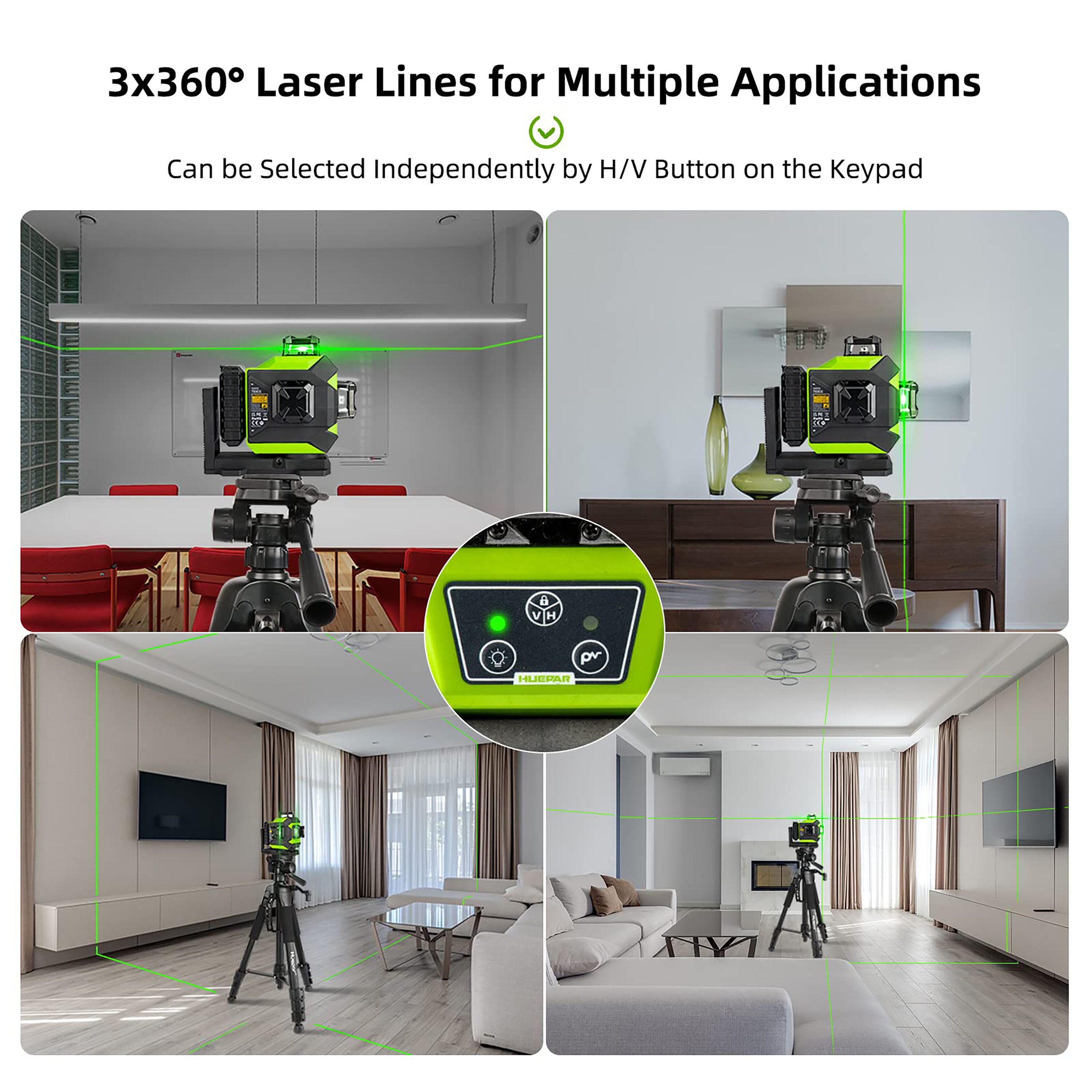 Nivel láser de líneas cruzadas autorregulable Huepar 703CG de 360 grados con alcance de 197 pies en color verde.