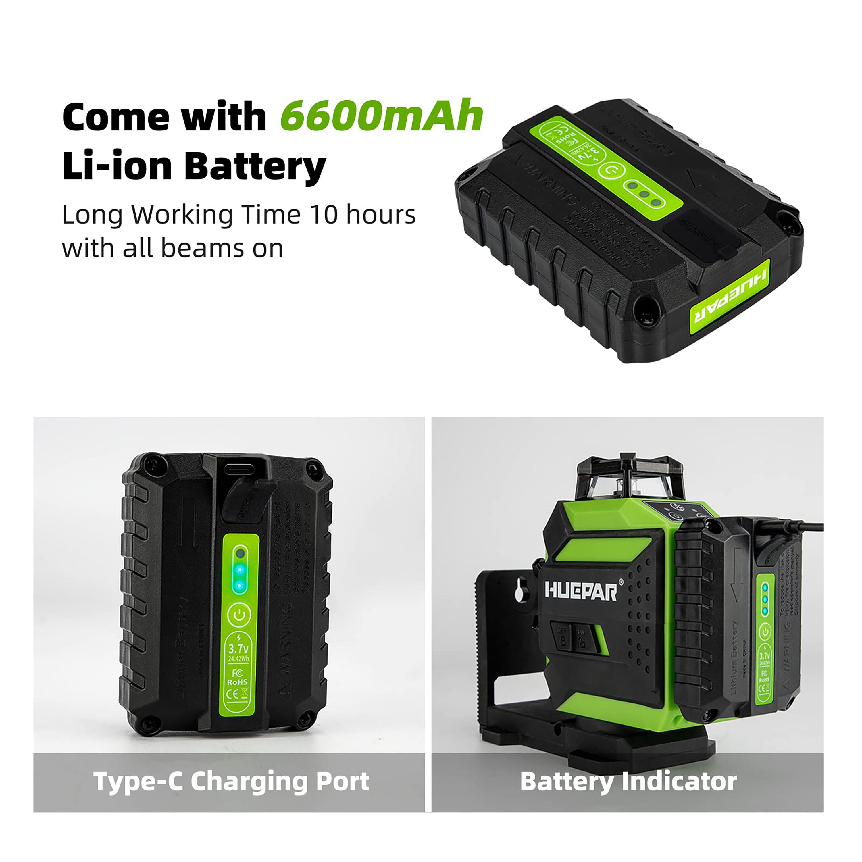 Nivel láser de líneas cruzadas autorregulable Huepar 703CG de 360 grados con alcance de 197 pies en color verde.