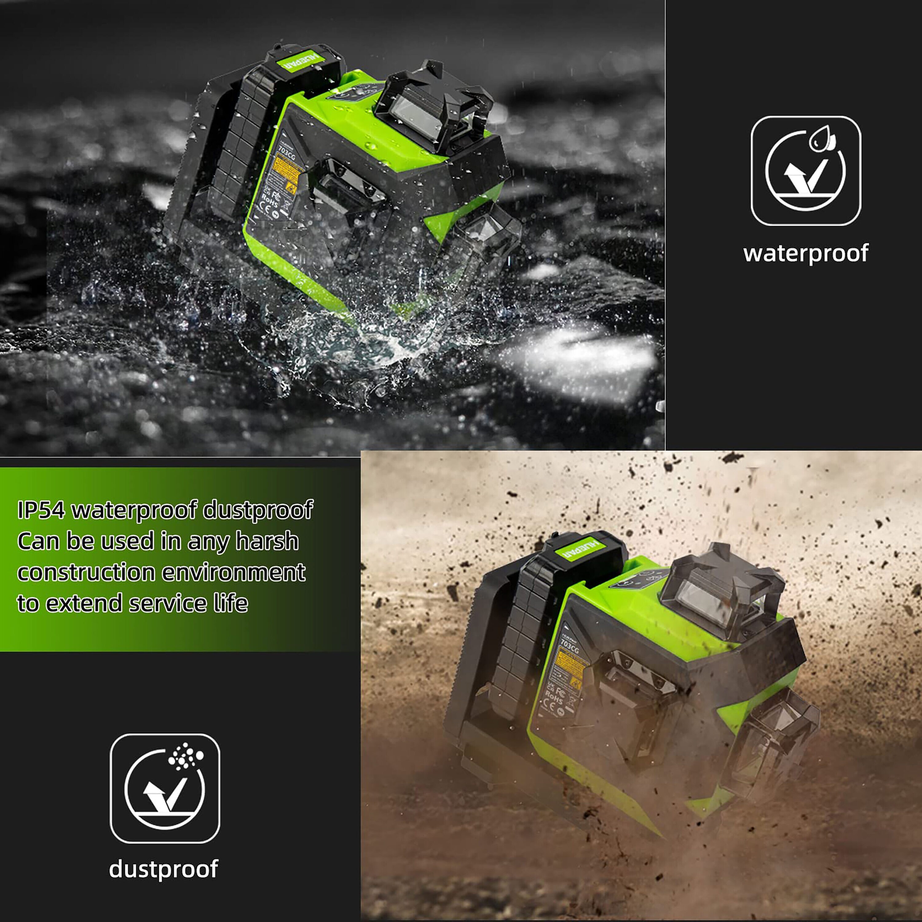 Nivel láser de líneas cruzadas autorregulable Huepar 703CG de 360 grados con alcance de 197 pies en color verde.