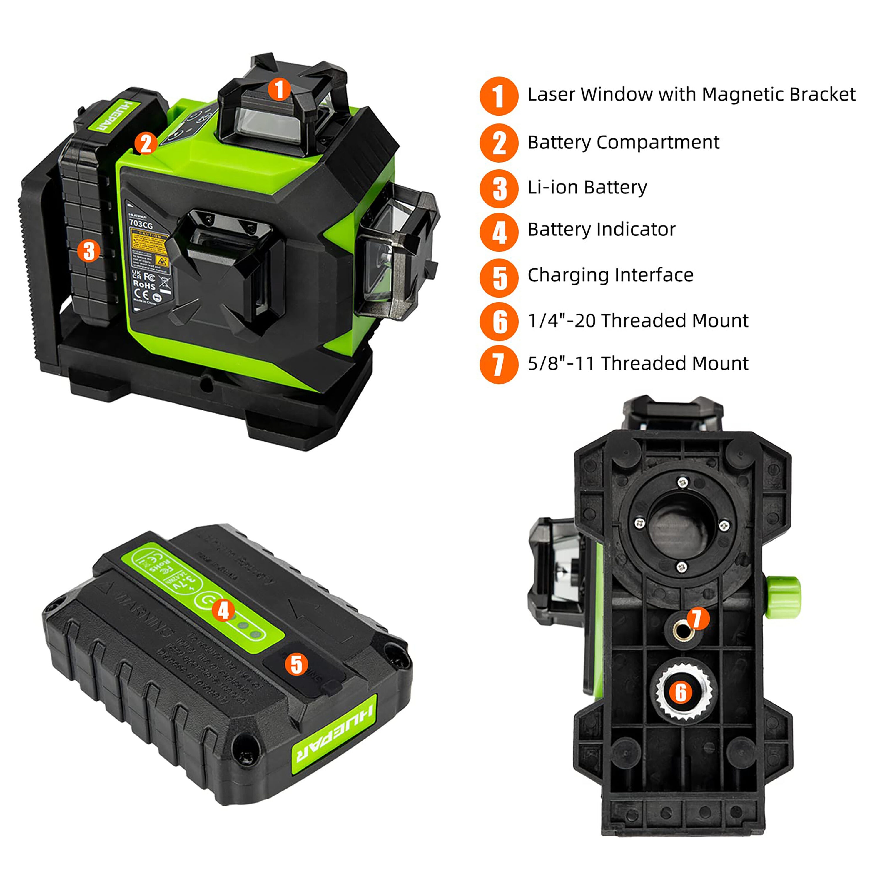 Nivel láser de líneas cruzadas autorregulable Huepar 703CG de 360 grados con alcance de 197 pies en color verde.