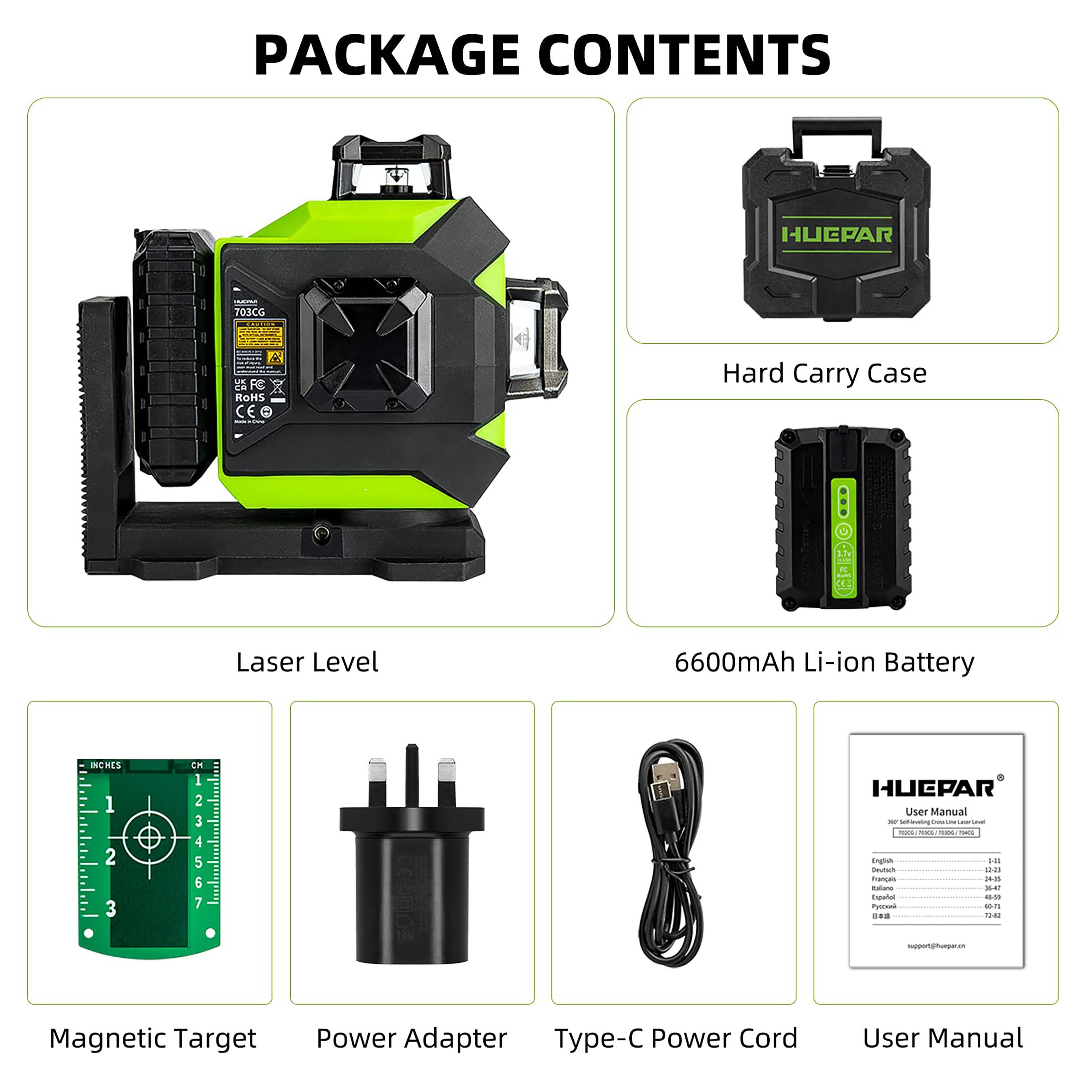 Nivel láser de líneas cruzadas autorregulable Huepar 703CG de 360 grados con alcance de 197 pies en color verde.