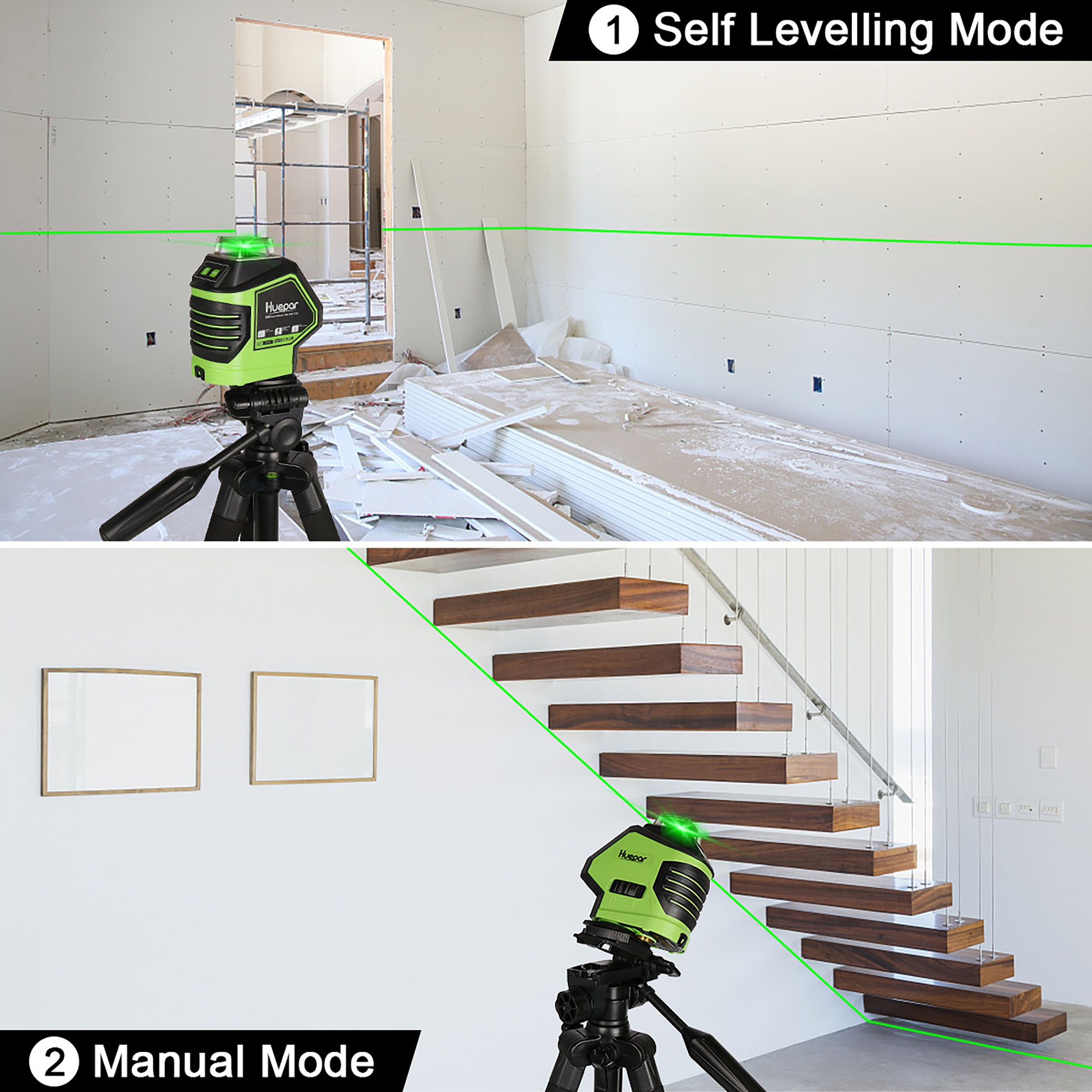 Nivel láser de líneas/cruz autonivelante de 360 grados y punto de plomada verde de 180 pies Huepar 621CG