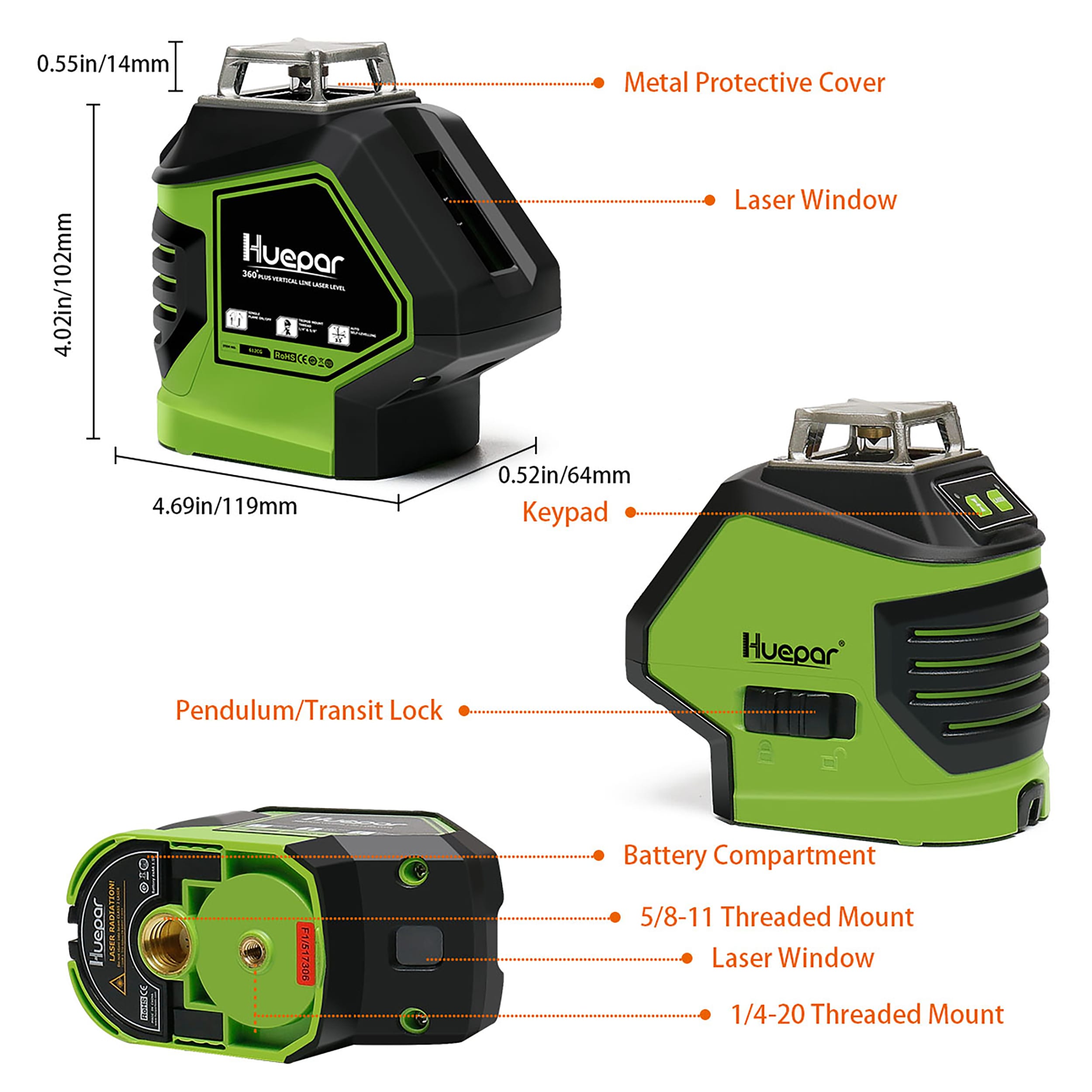Nivel láser de líneas/cruz autonivelante de 360 grados y punto de plomada verde de 180 pies Huepar 621CG