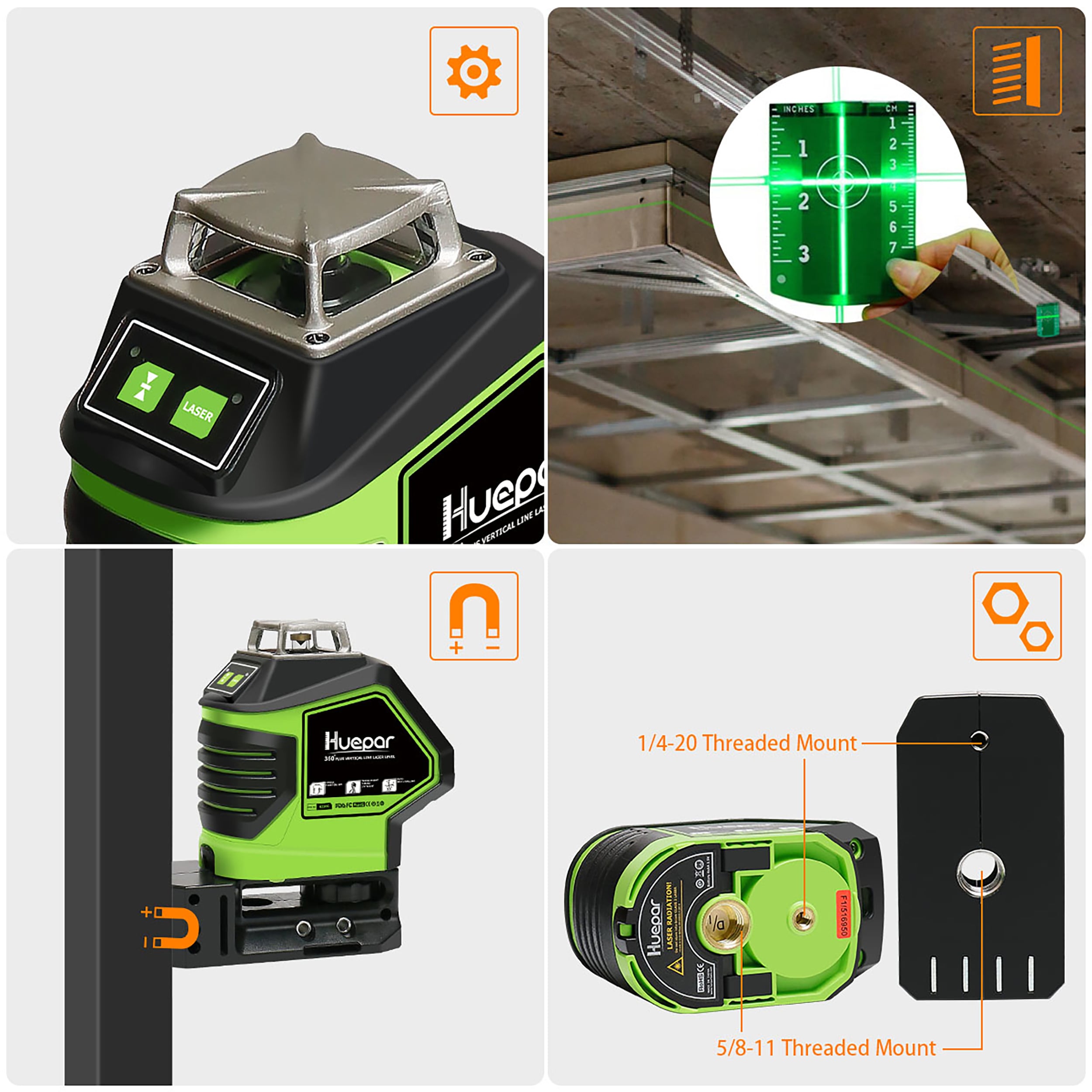 Nivel láser de líneas/cruz autonivelante de 360 grados y punto de plomada verde de 180 pies Huepar 621CG