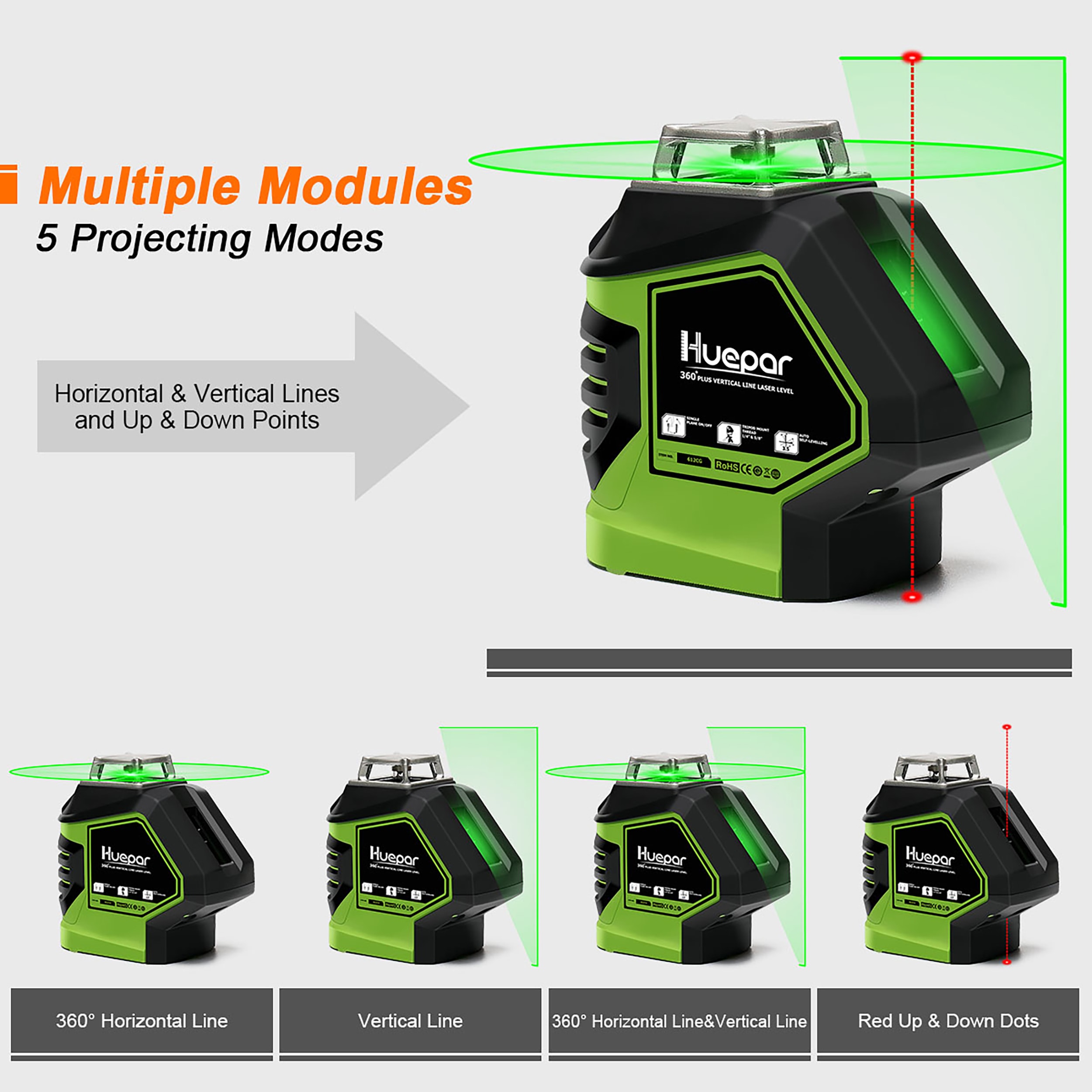 Nivel láser de líneas/cruz autonivelante de 360 grados y punto de plomada verde de 180 pies Huepar 621CG