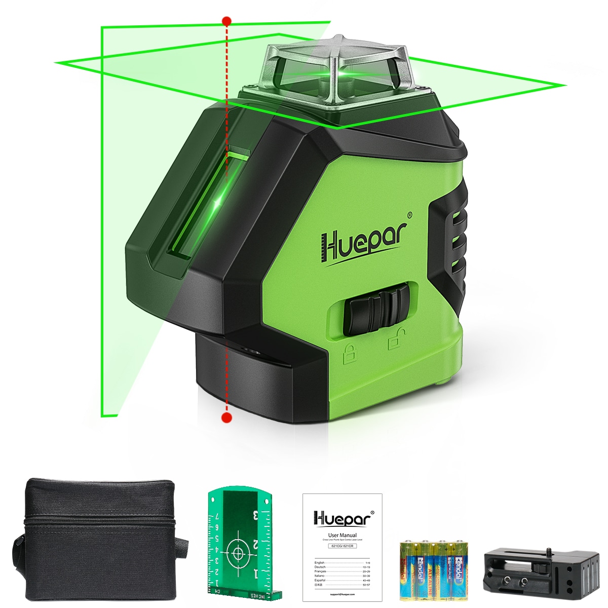 Nivel láser de líneas/cruz autonivelante de 360 grados y punto de plomada verde de 180 pies Huepar 621CG
