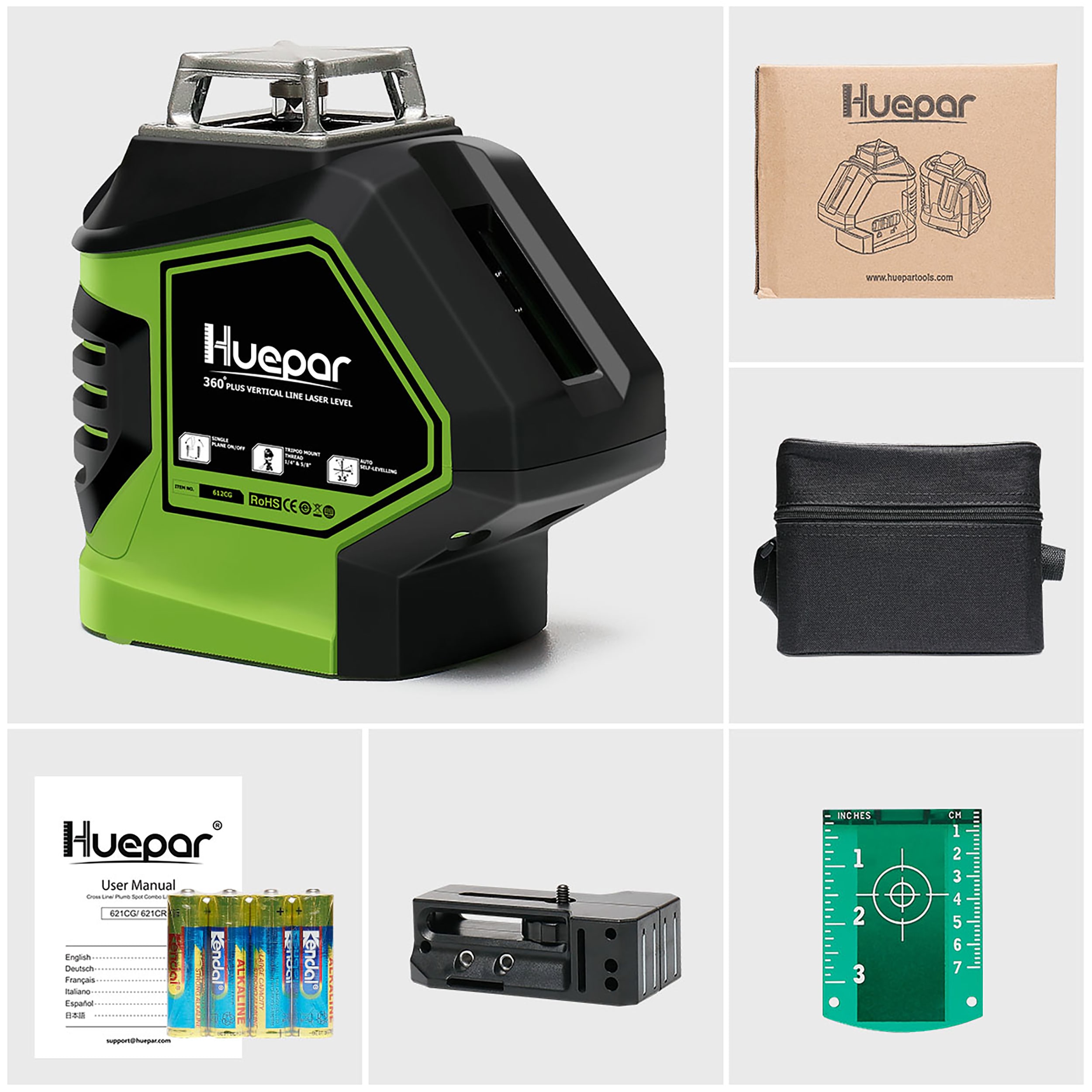 Nivel láser de líneas/cruz autonivelante de 360 grados y punto de plomada verde de 180 pies Huepar 621CG