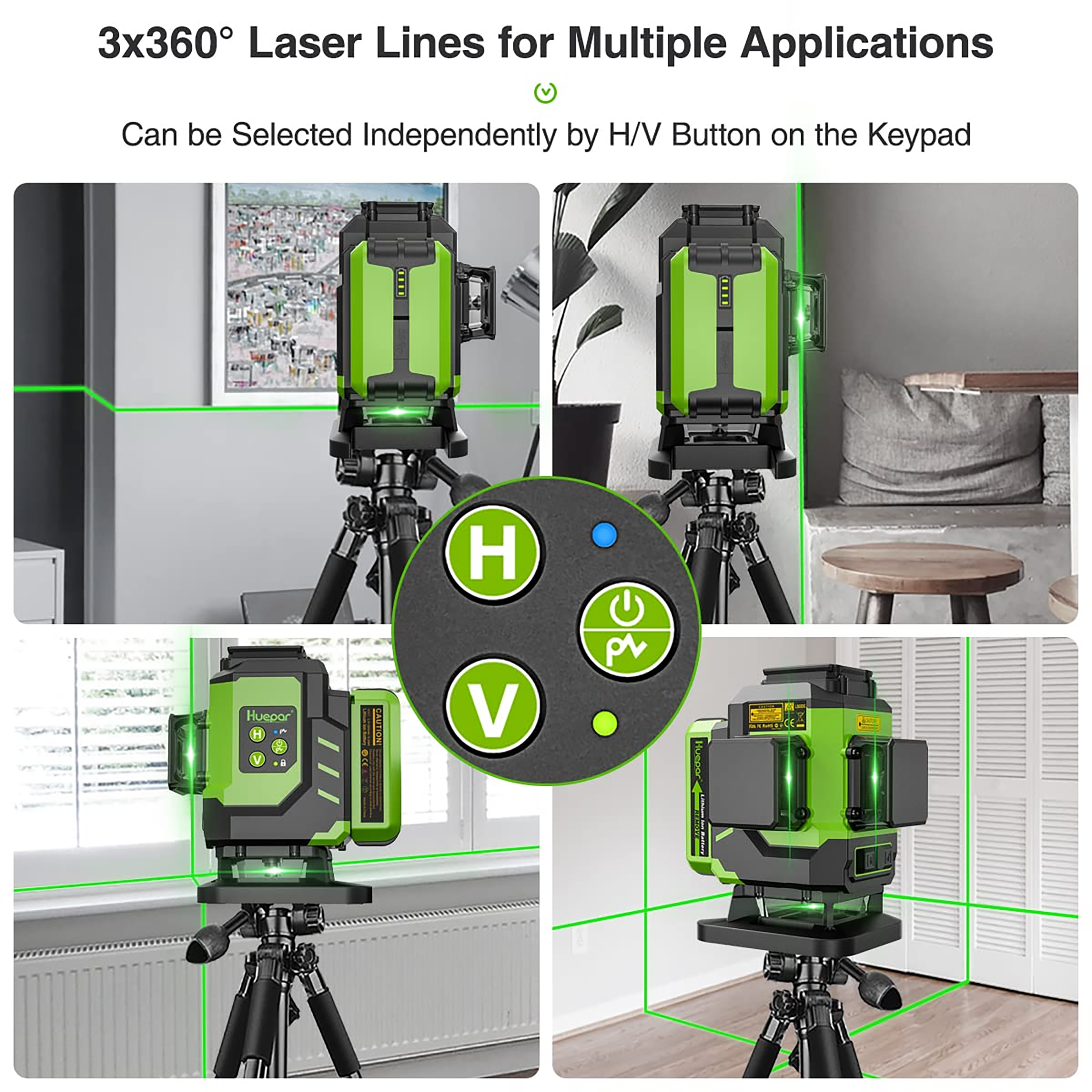 Nivel láser de línea cruzada autonivelante verde de 360 grados Huepar LS03DG de 197 pies.