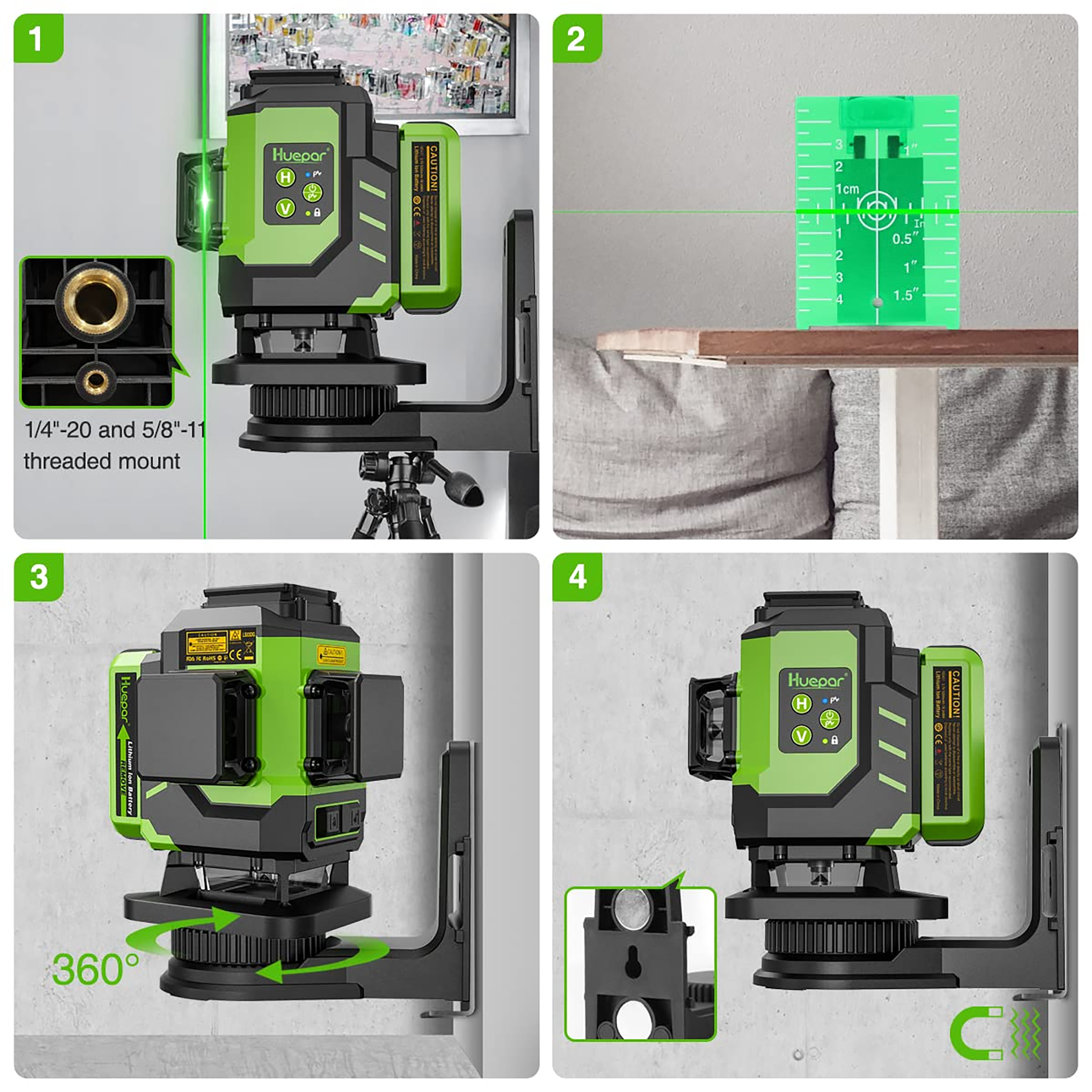 Nivel láser de línea cruzada autonivelante verde de 360 grados Huepar LS03DG de 197 pies.