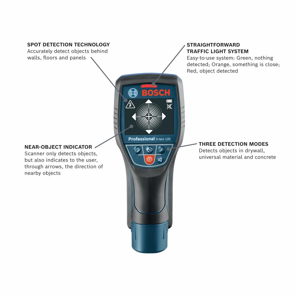 Localizador de montantes de metal y madera Bosch 4.75 pulgadas de profundidad de escaneo D-TECT 120