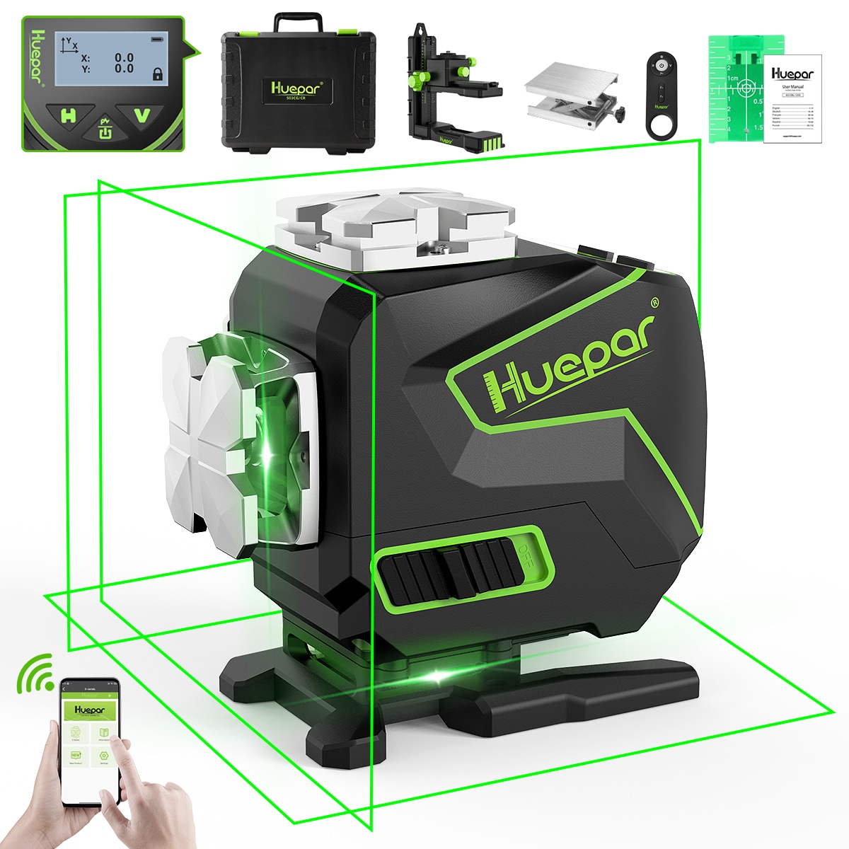 Nivel láser de autonivelación de línea cruzada verde de 360 grados con alcance de 200 pies Huepar S03DG