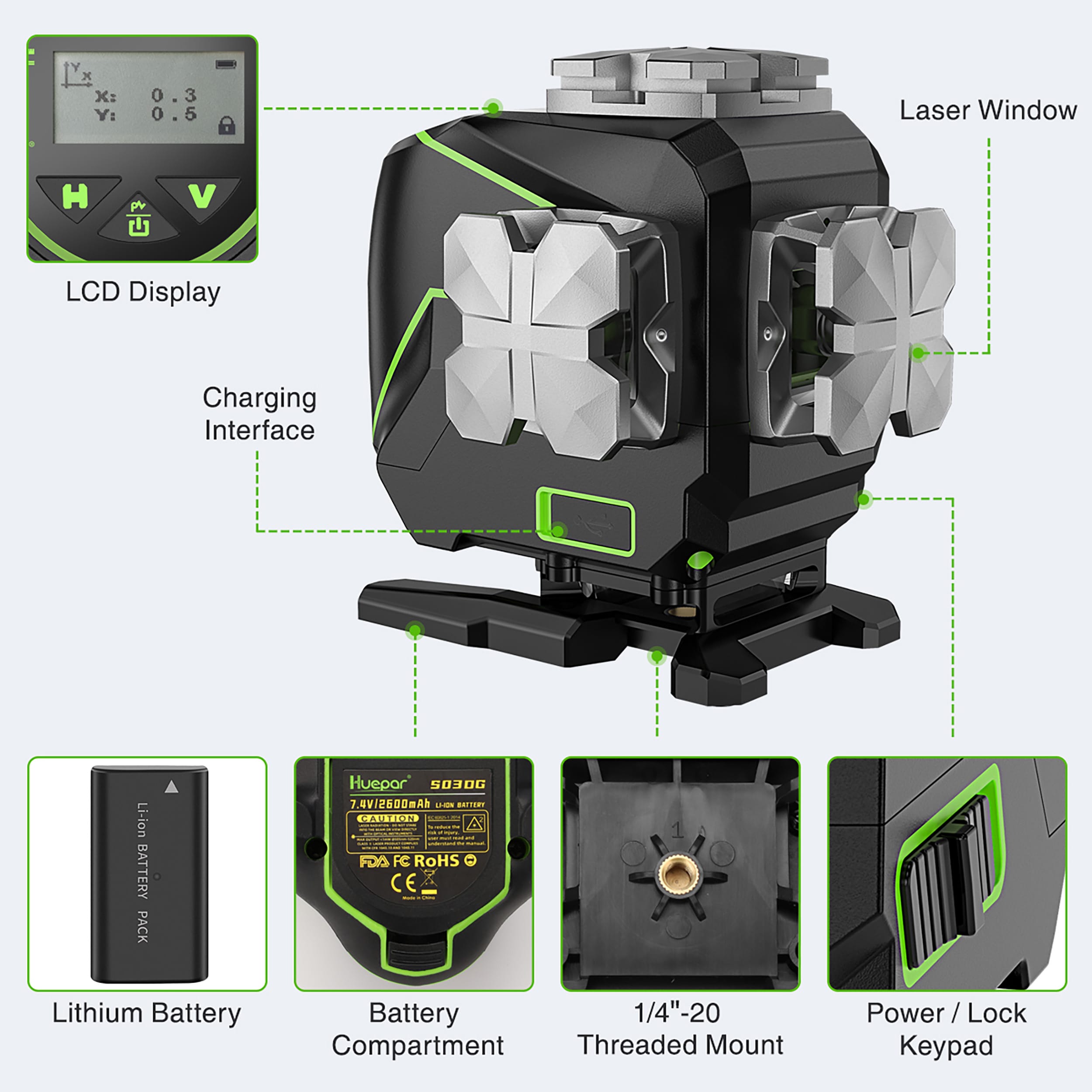 Nivel láser de autonivelación de línea cruzada verde de 360 grados con alcance de 200 pies Huepar S03DG
