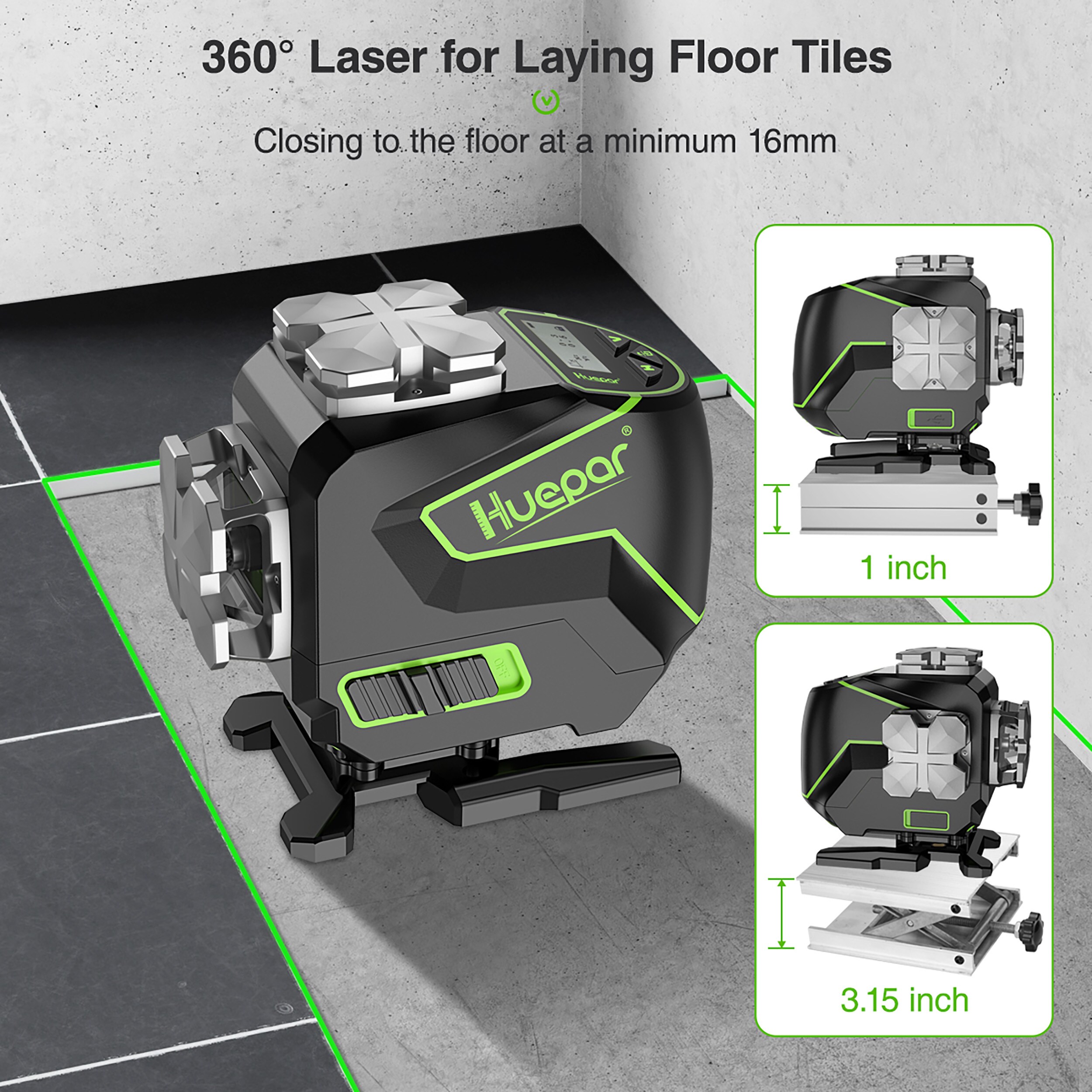 Nivel láser de autonivelación de línea cruzada verde de 360 grados con alcance de 200 pies Huepar S03DG